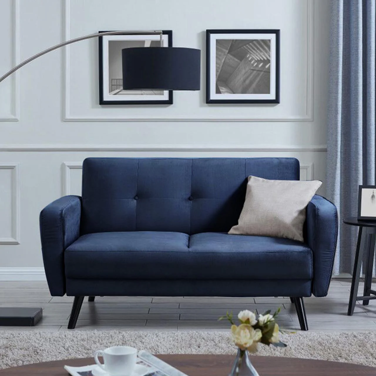Esben 2-Seater Velvet Sofa Bed in Navy Blue - Image 3