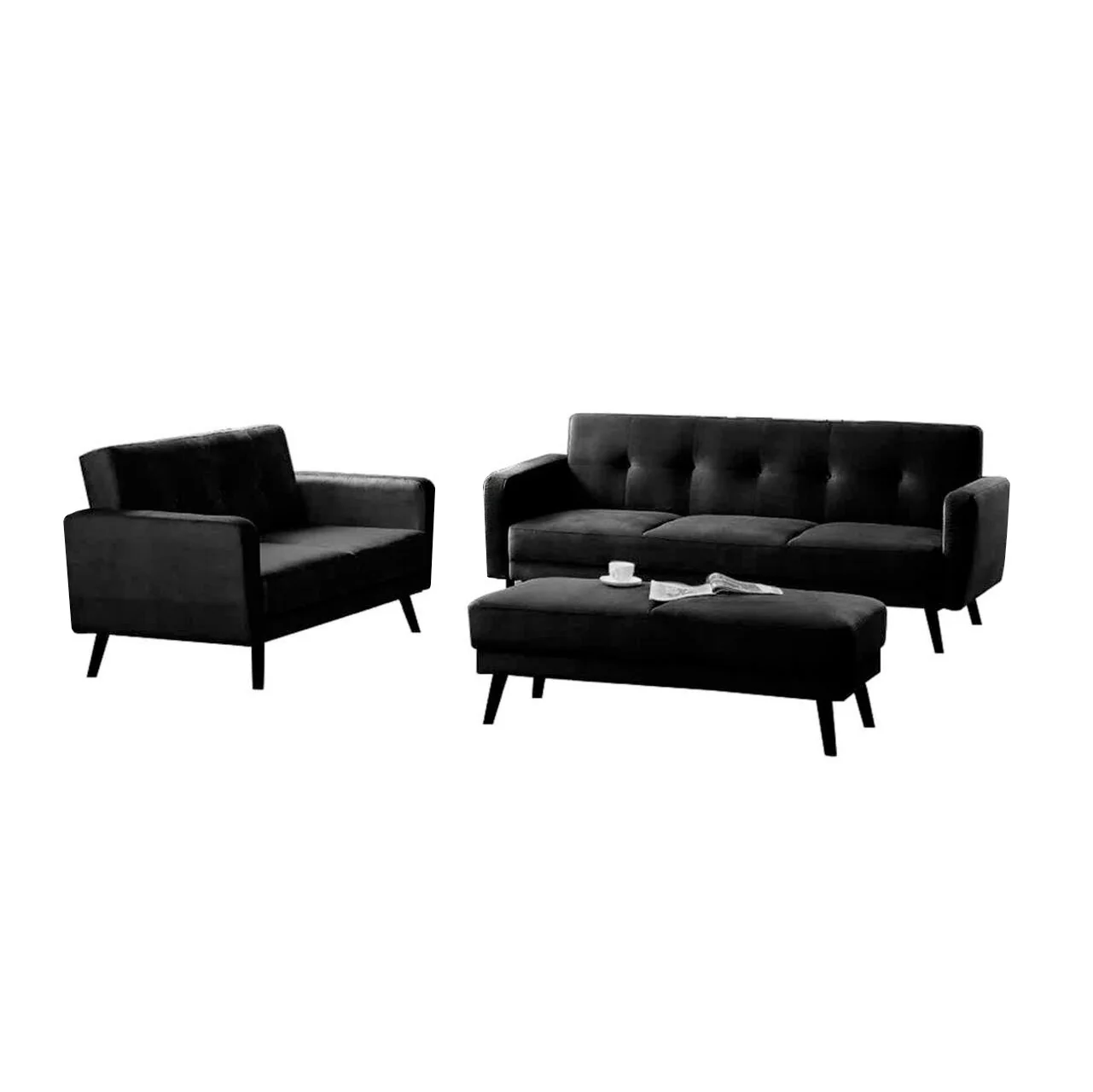 Esben 6-Seater Velvet Sofa Set with Ottoman in Black