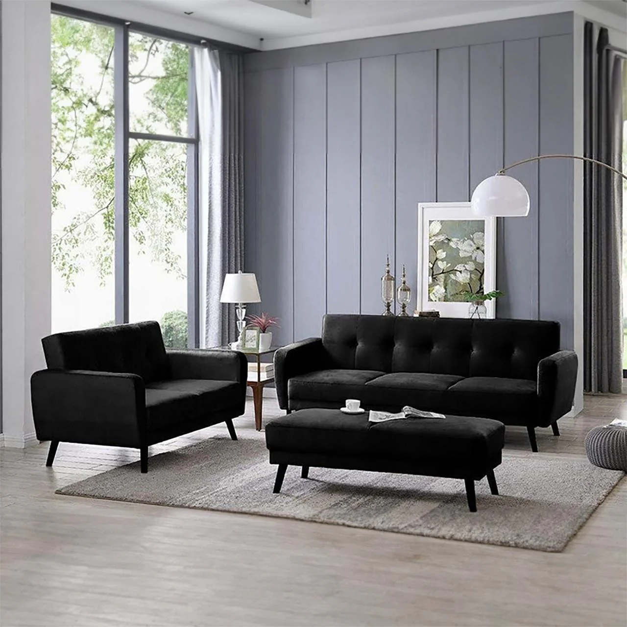 Esben 6-Seater Velvet Sofa Set with Ottoman in Black - Image 2
