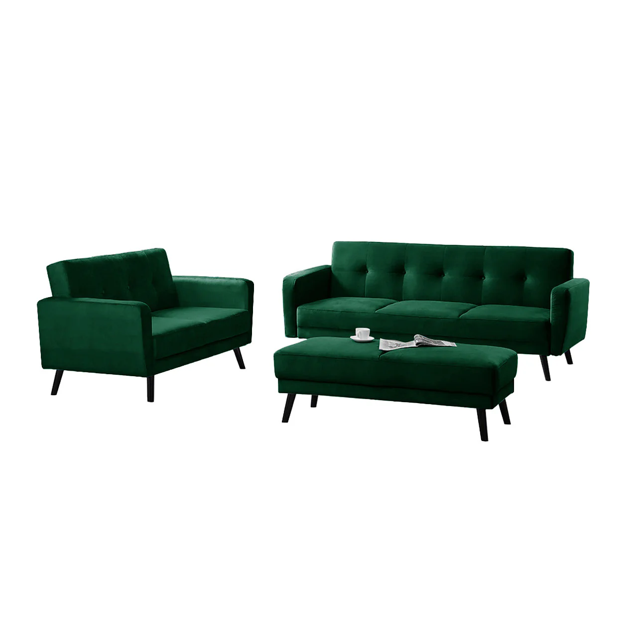 Esben 6-Seater Velvet Sofa Set with Ottoman in Forest Green