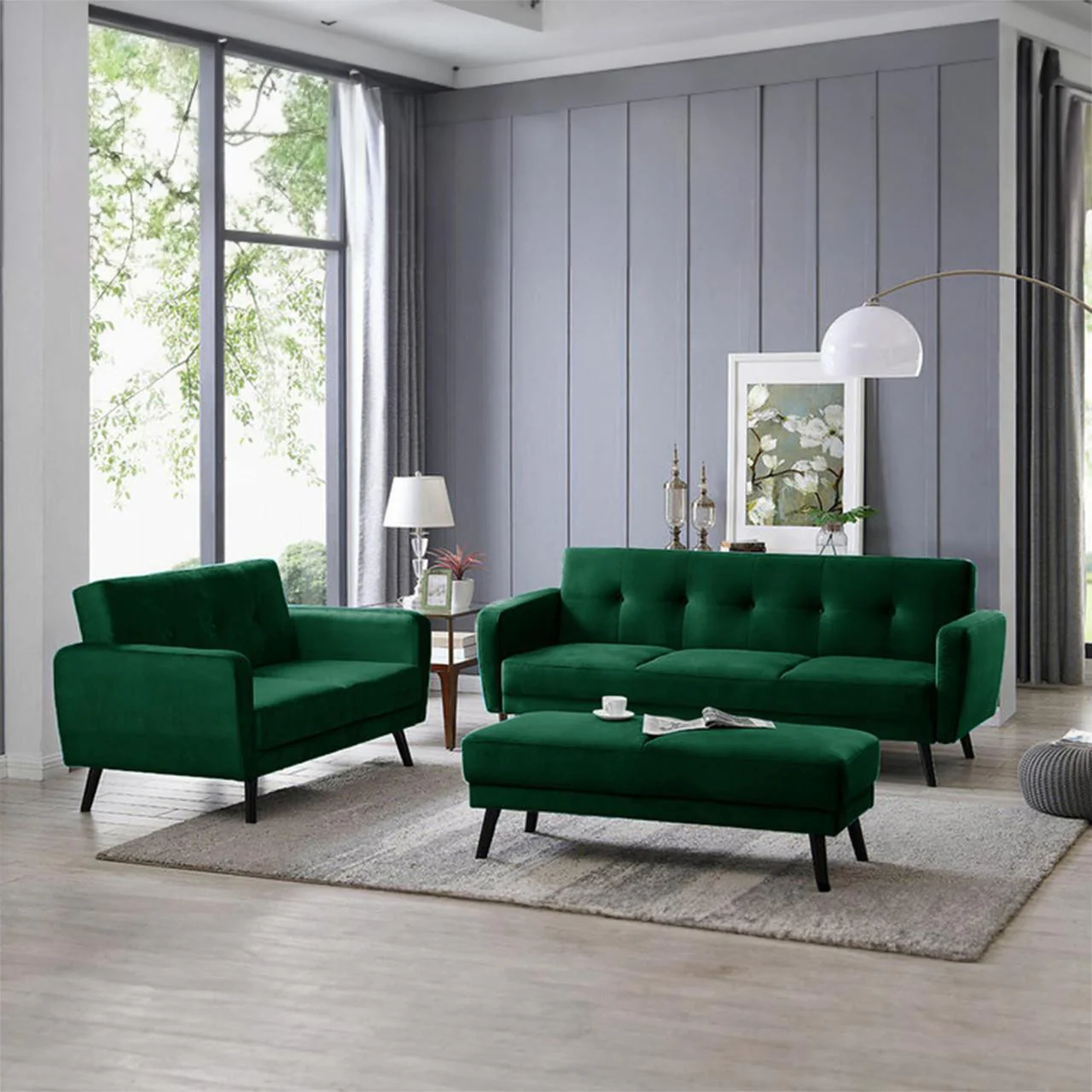 Esben 6-Seater Velvet Sofa Set with Ottoman in Forest Green - Image 2