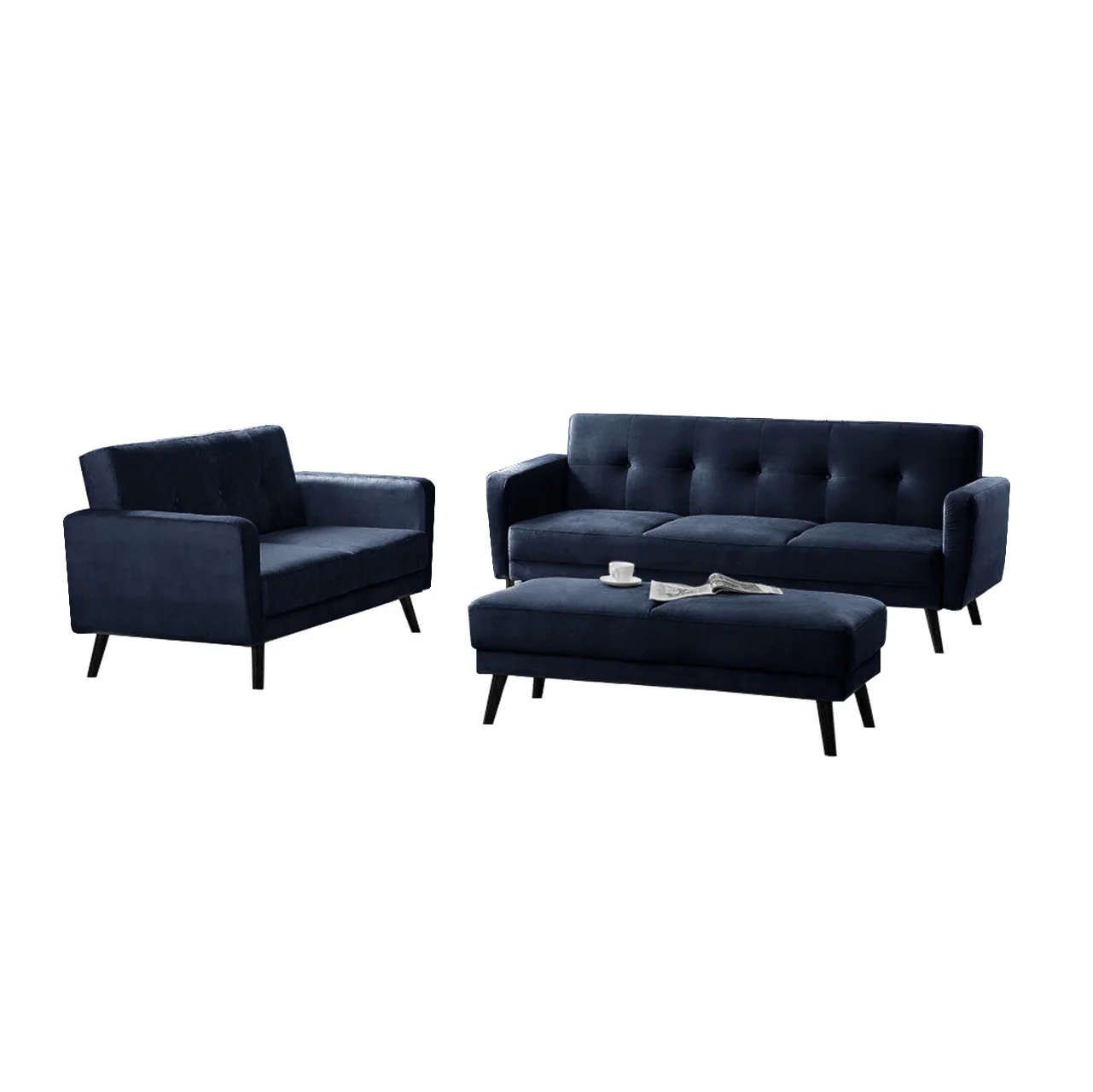 Esben 6-Seater Velvet Sofa Set with Ottoman in Navy Blue