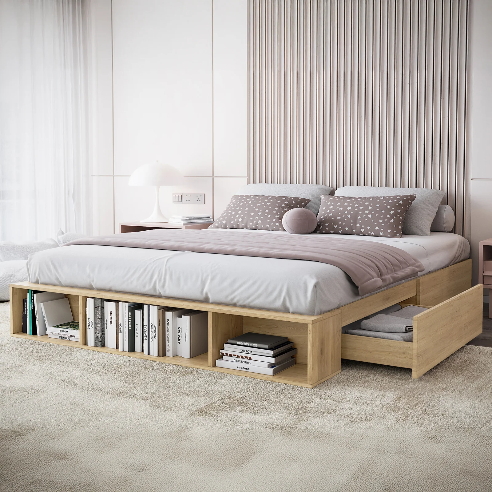 Eulalia King Storage Platform Bed Base with Drawers in Oak - Image 2
