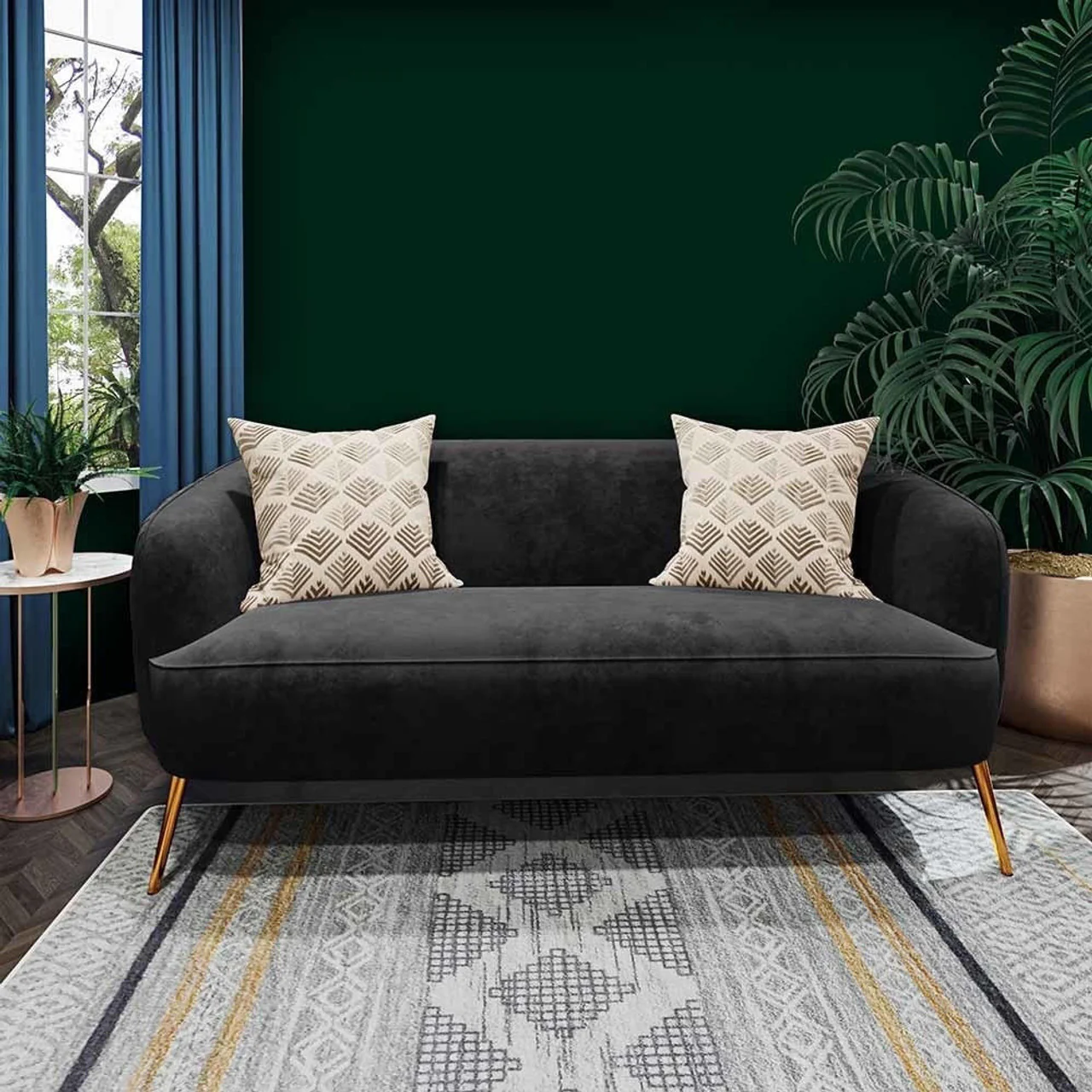 Evelyn 2 Seater Curved Velvet Sofa in Black - Image 5