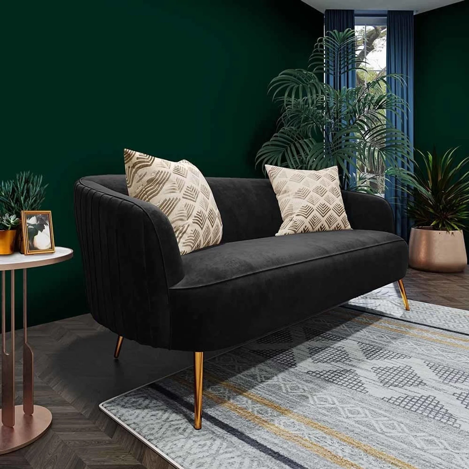 Evelyn 2 Seater Curved Velvet Sofa in Black - Image 6