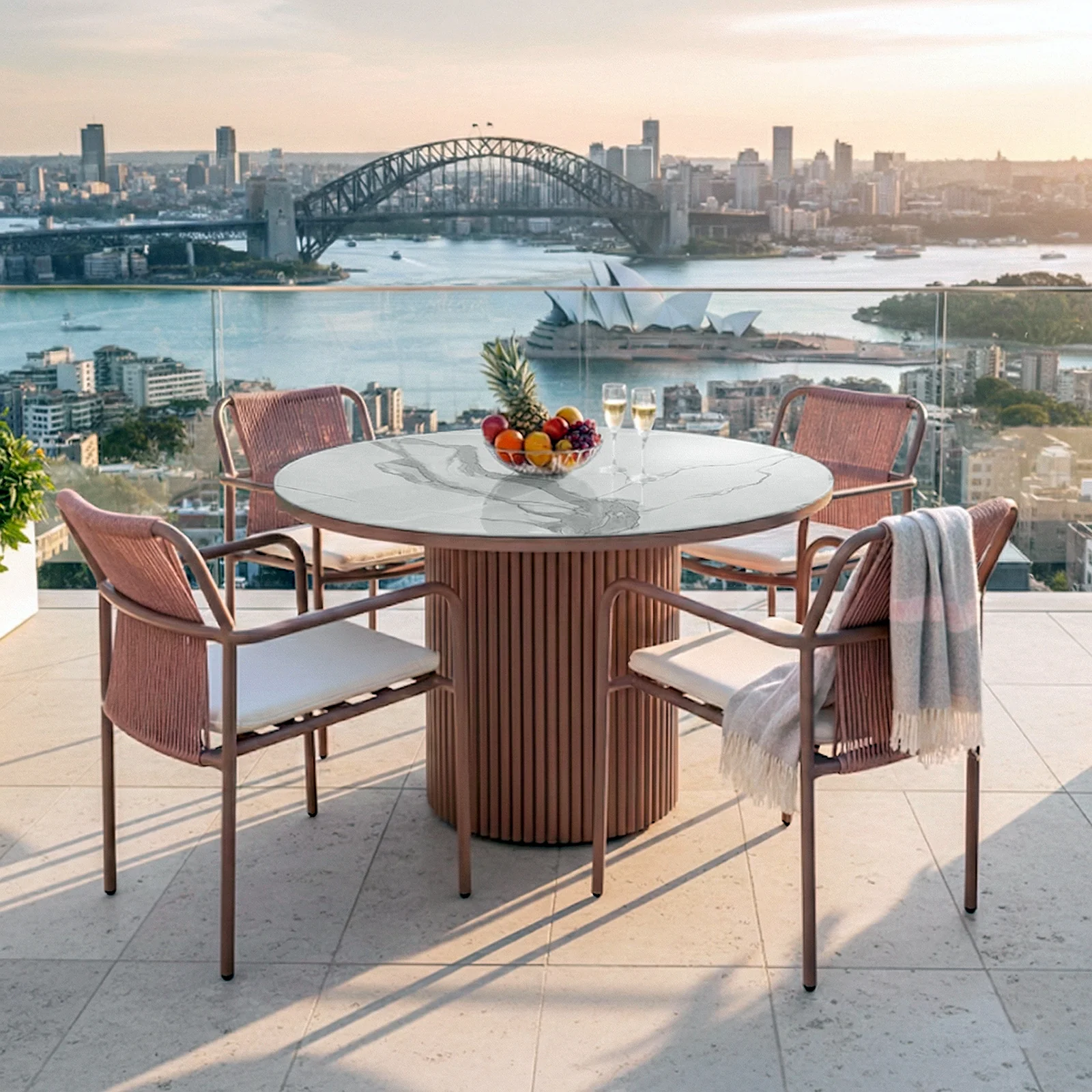Evone 4 Seater Stone Outdoor Dining Set in Terracotta - Image 2