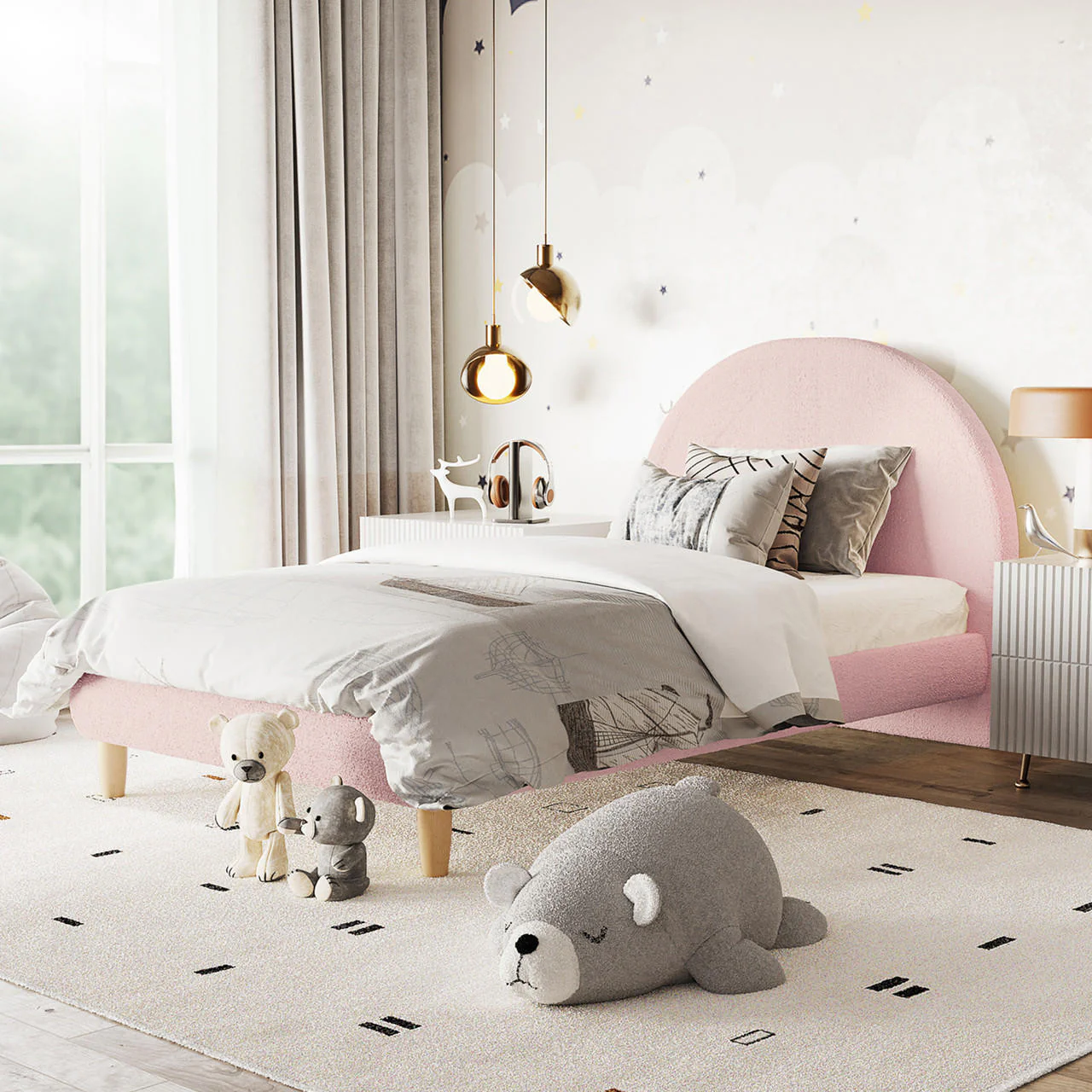 Fausta King Single Arched Boucle Bed Frame in Light Pink - Image 2