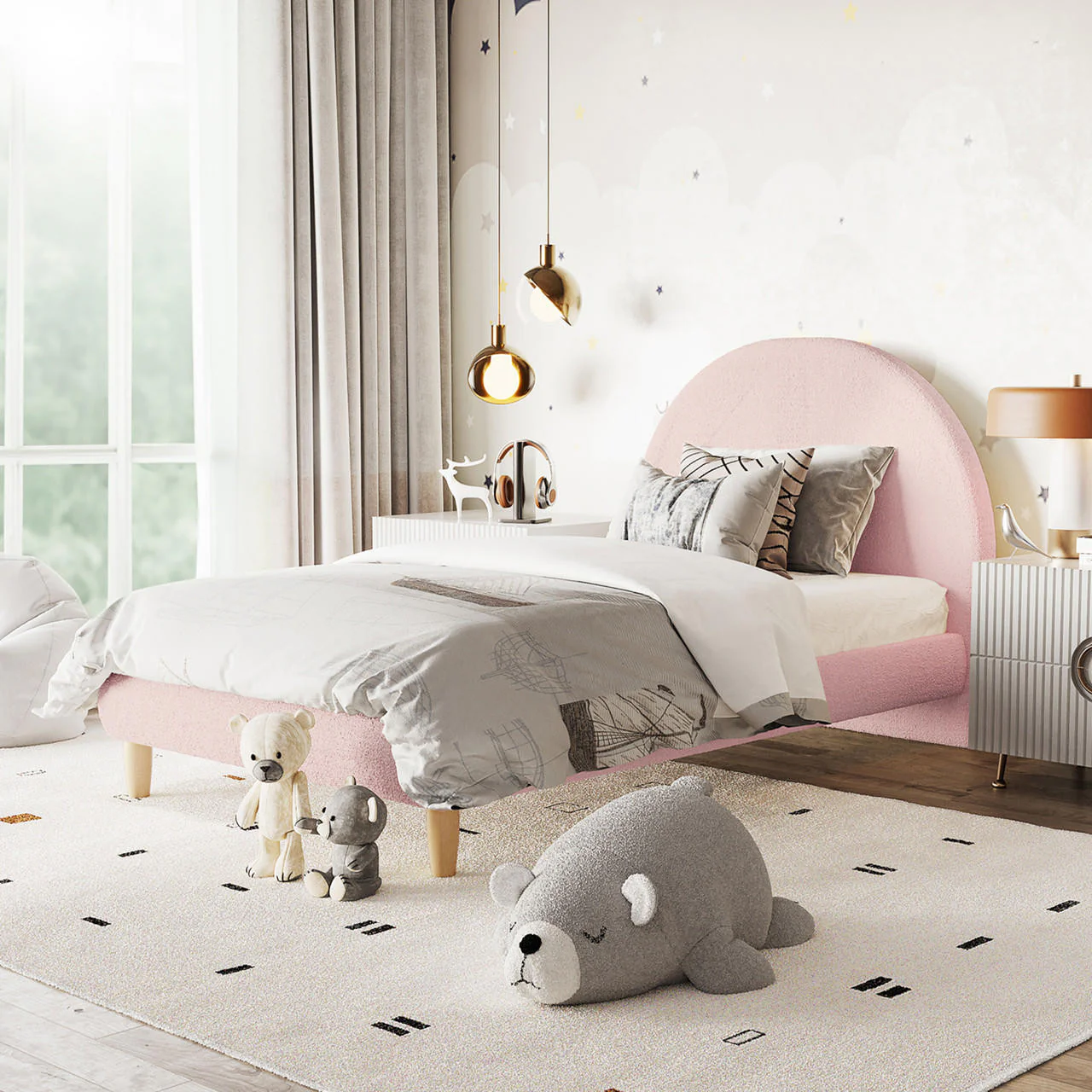 Fausta Single Arched Boucle Bed Frame in Light Pink - Image 2
