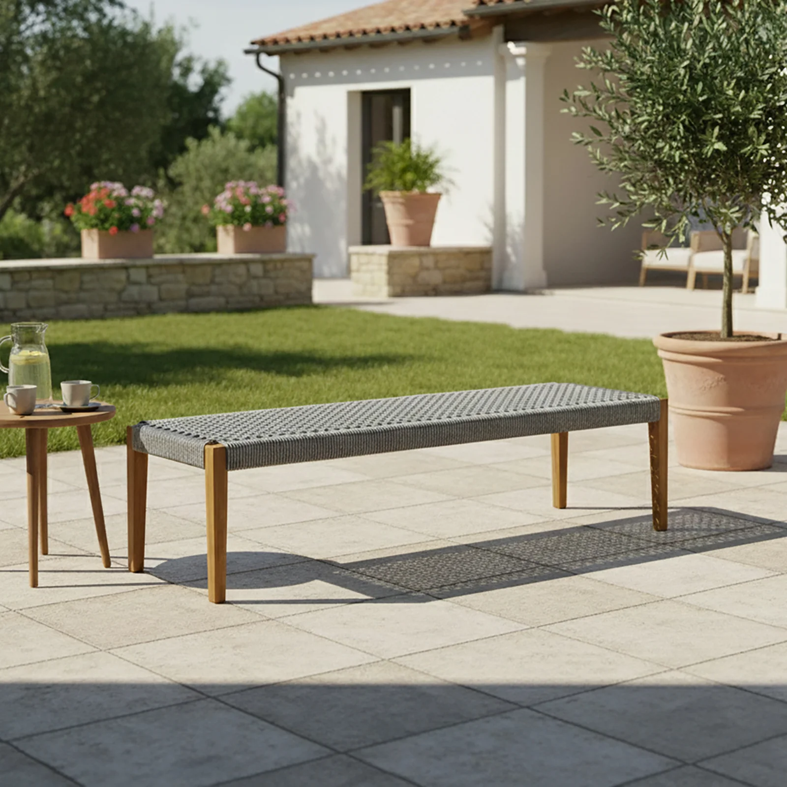 Fentan 4 Seater Acacia Hardwood Outdoor Bench in Light Grey - Image 2