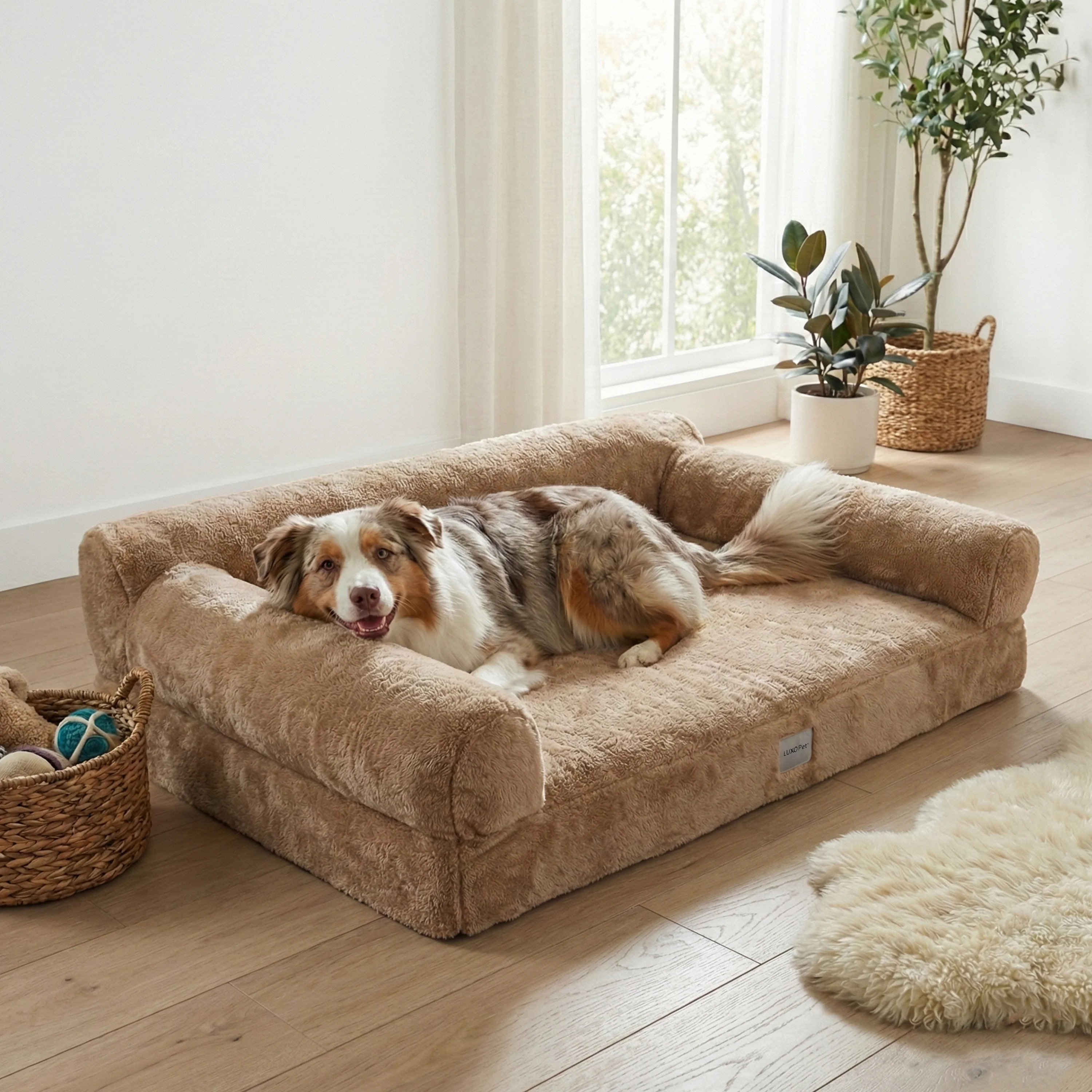 Fergus Large Orthopaedic Faux Fur Dog Bed in Beige - Image 2