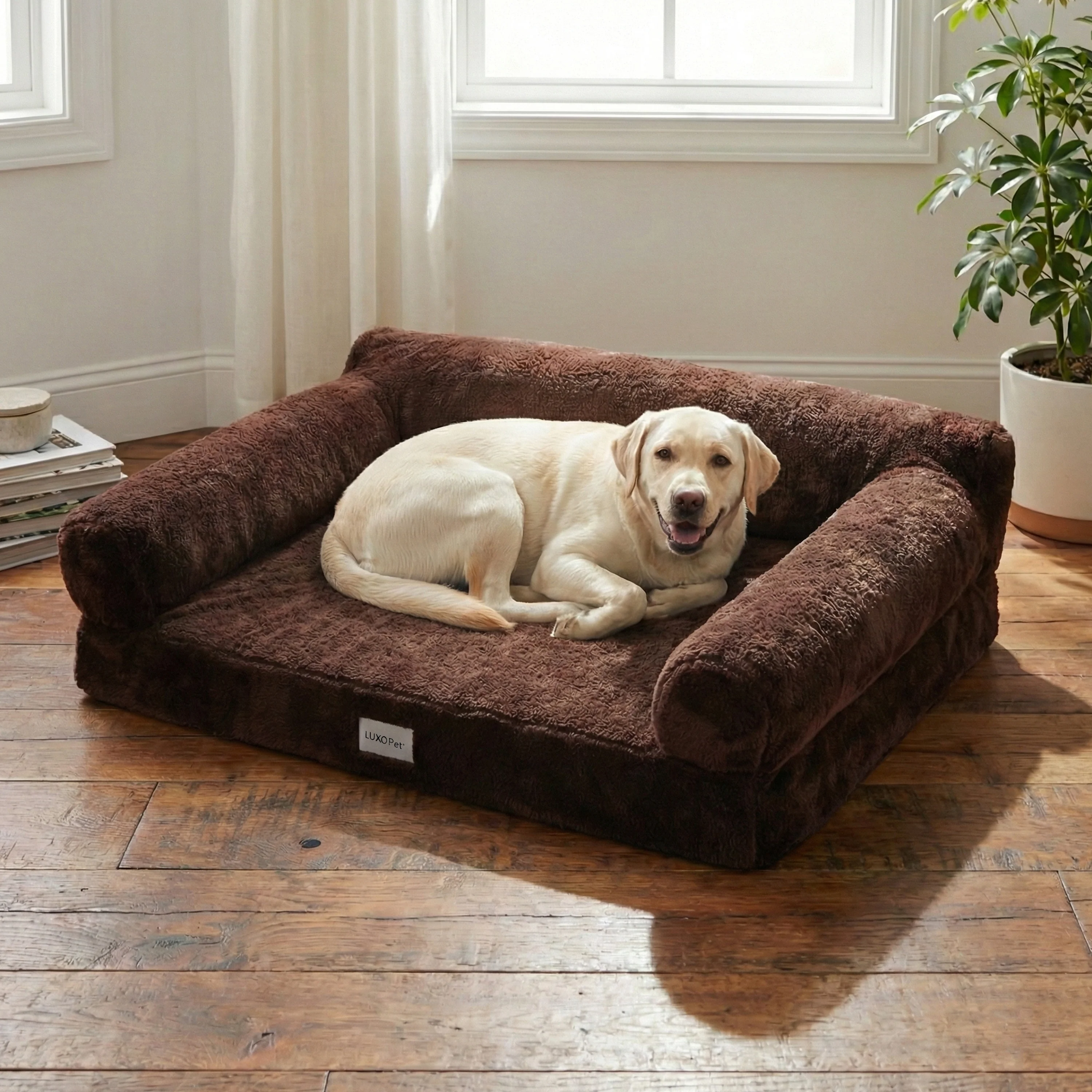 Fergus Large Orthopaedic Faux Fur Dog Bed in Brown - Image 2