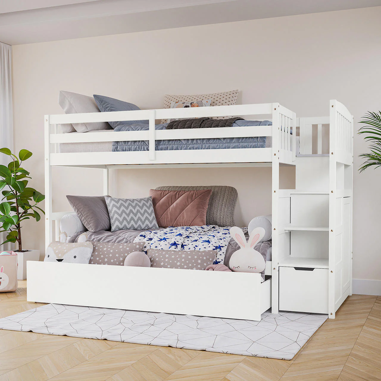 Flavia Solid Pine Wood Staircase Storage Bunk Bed in White - Image 2