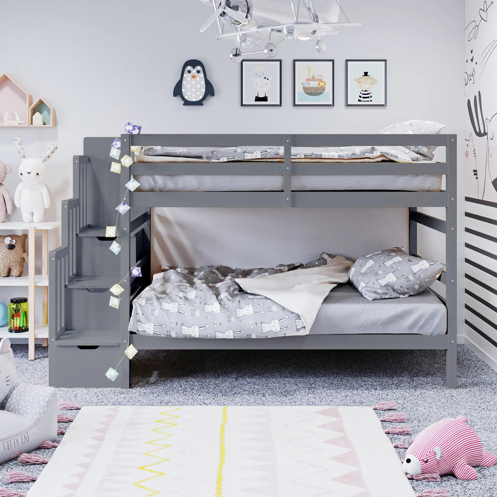 Galla Solid Pine Wood Staircase Storage Bunk Bed in Grey - Image 2