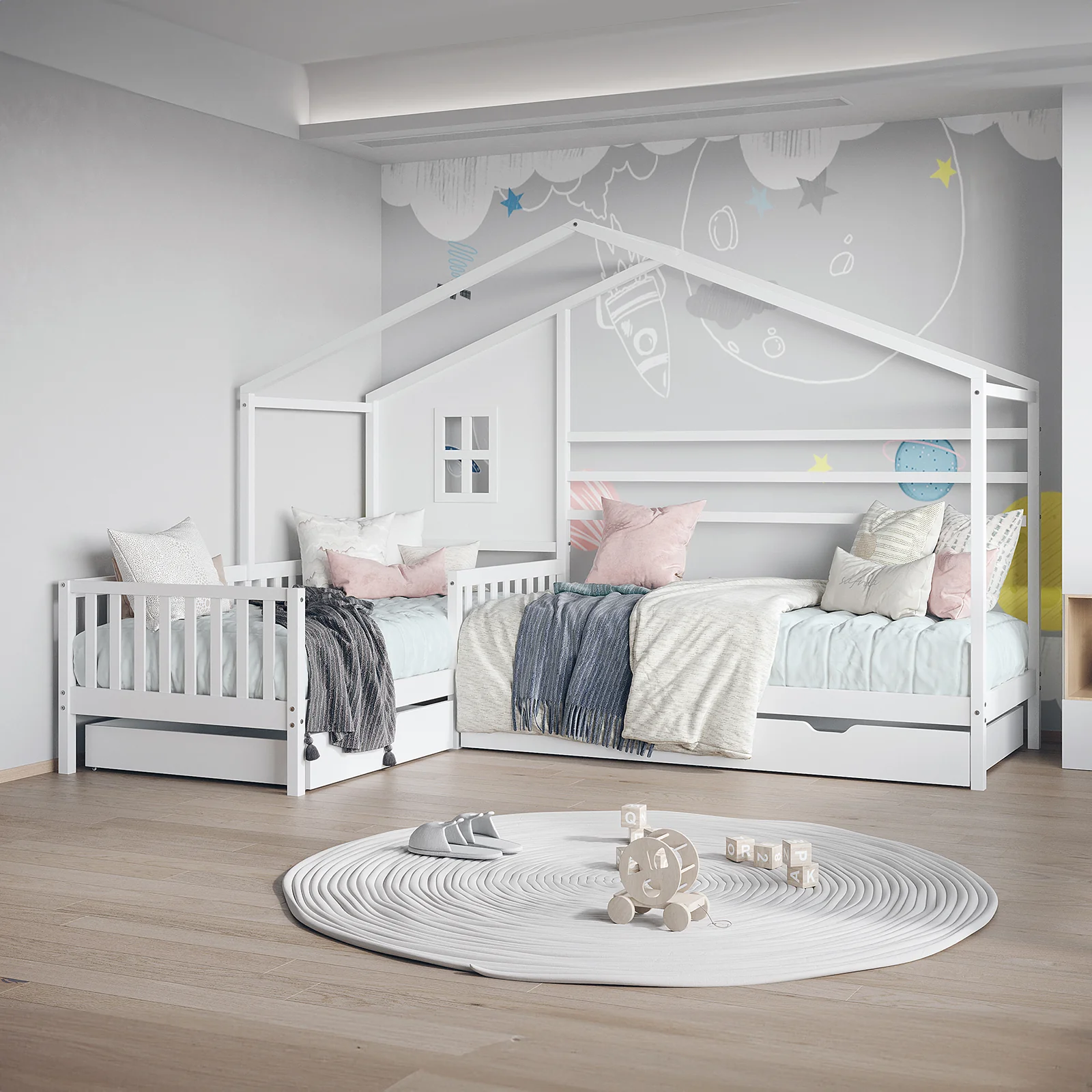 Gawler Kids House Solid Pine Bed with Drawers in White - Image 2