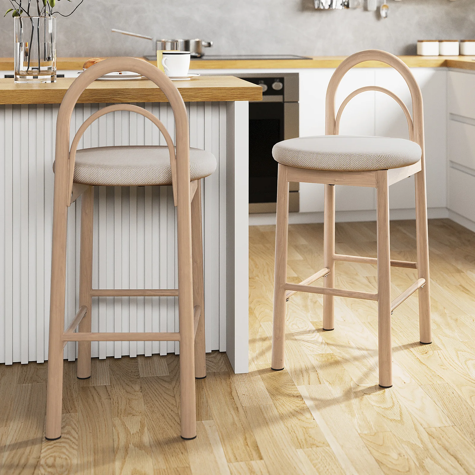 Gilles Linen Arched Bar Stools Set of 2 in Beige - Image 2
