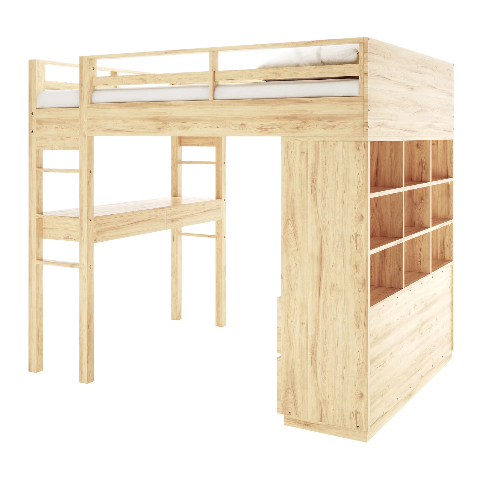 Gio Double Wooden Storage Loft Bed with Desk in Natural