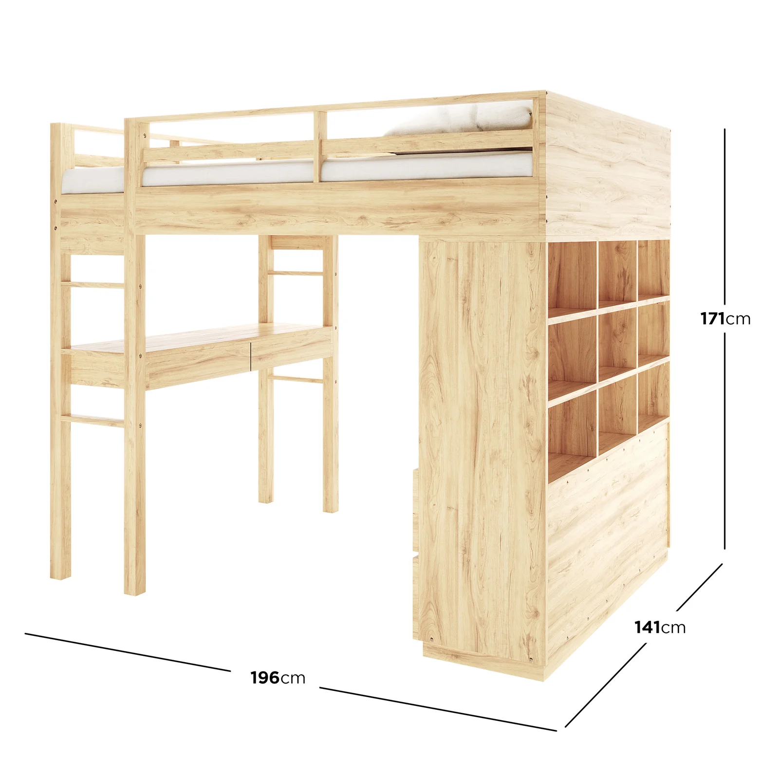 Gio Double Wooden Storage Loft Bed with Desk in Natural - Image 3