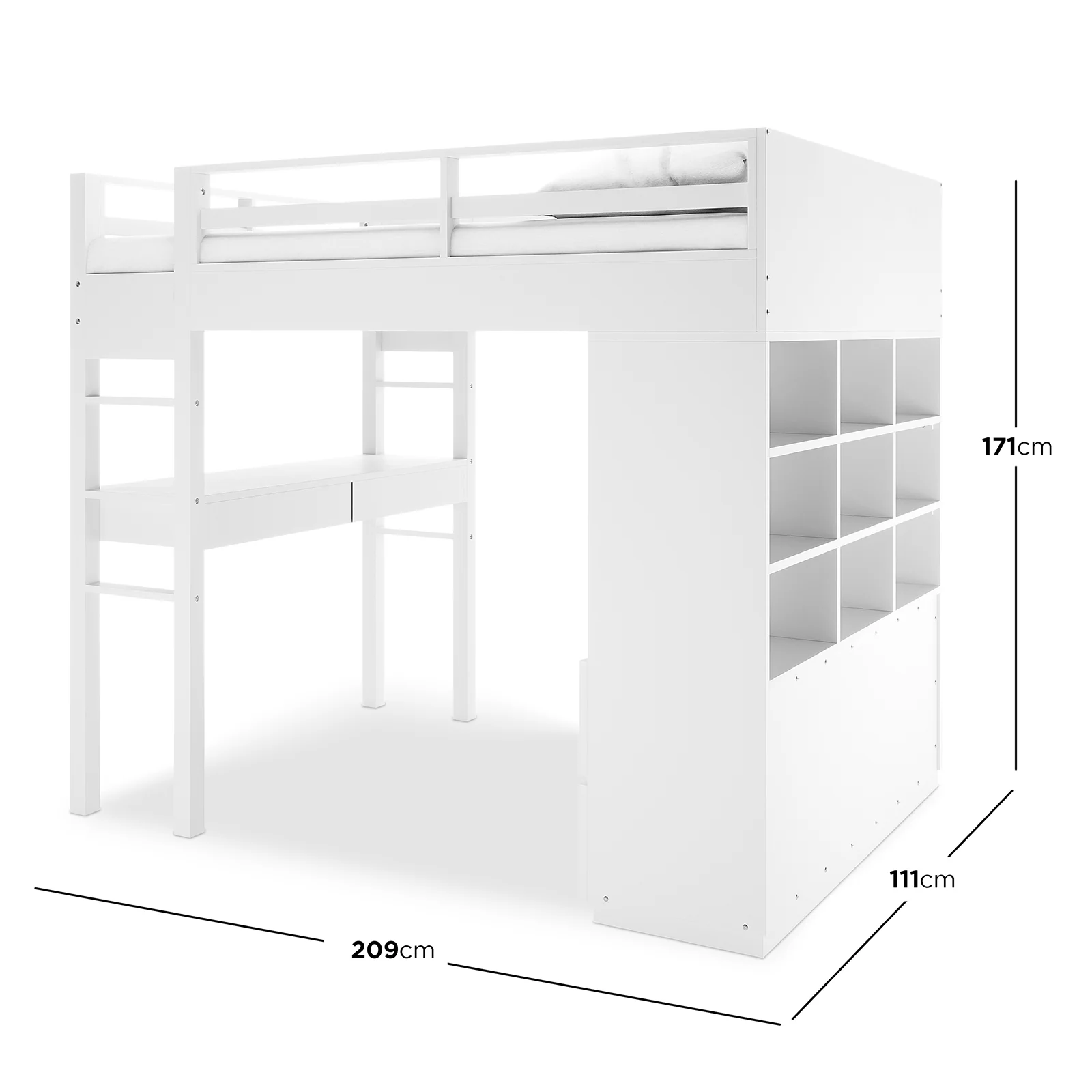 Gio Wooden King Single Loft Bed with Storage & Desk in White - Image 3
