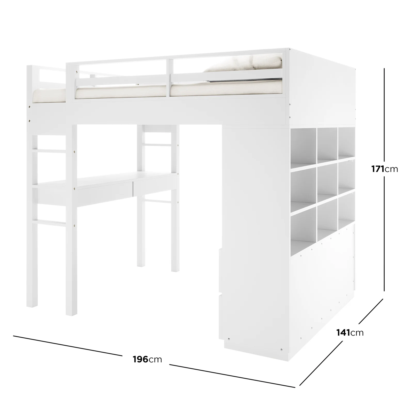 Gio & Vesta Double Storage Loft Bed & Mattress Set in White - Image 3