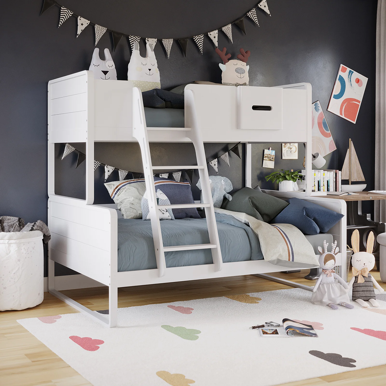 Glauca Solid Pine Wood 2-in-1 Triple Bunk Bed in White - Image 2