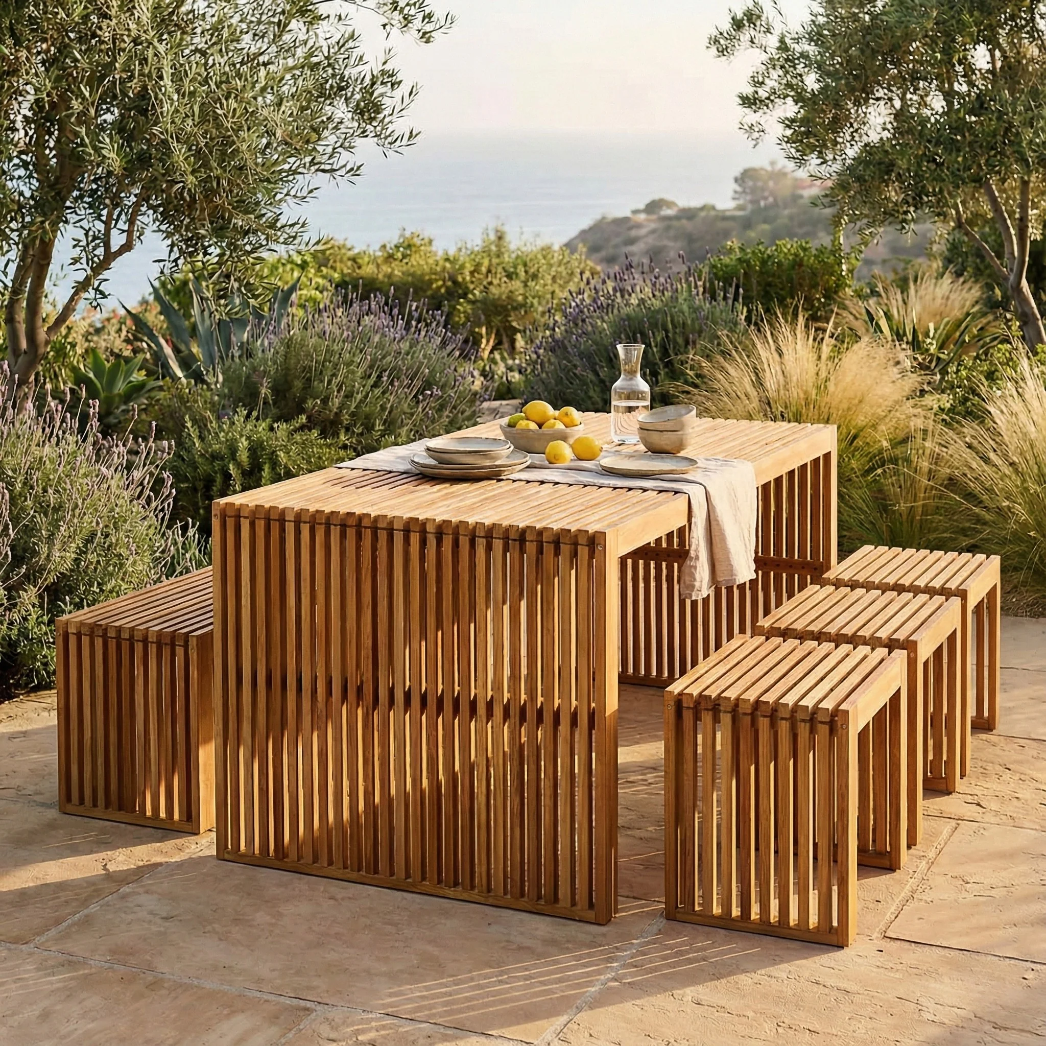 Grenfela 6 Seater Acacia Outdoor Dining Bench Set in Natural - Image 2