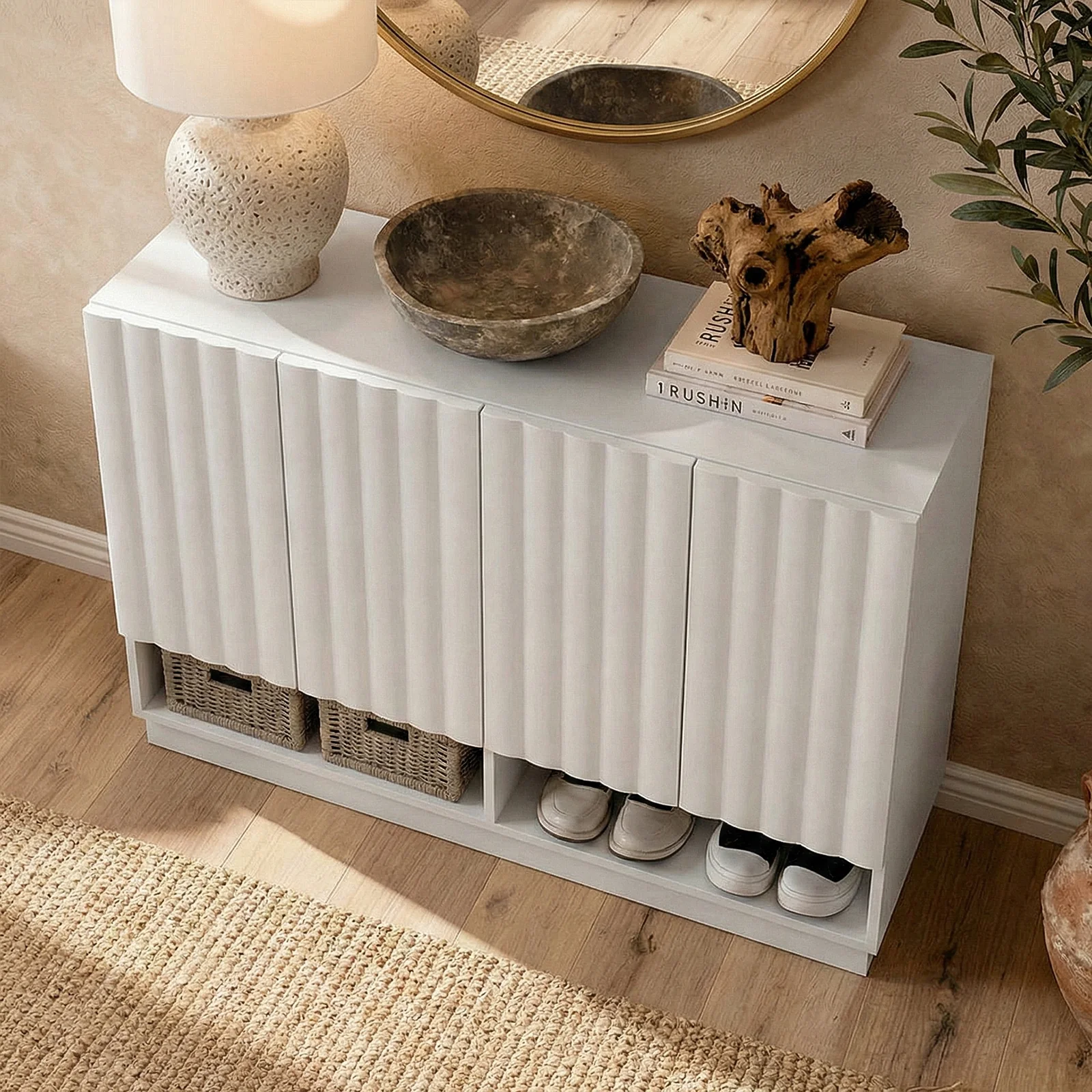Hamish 120cm Fluted Shoe Cabinet in White - Image 5