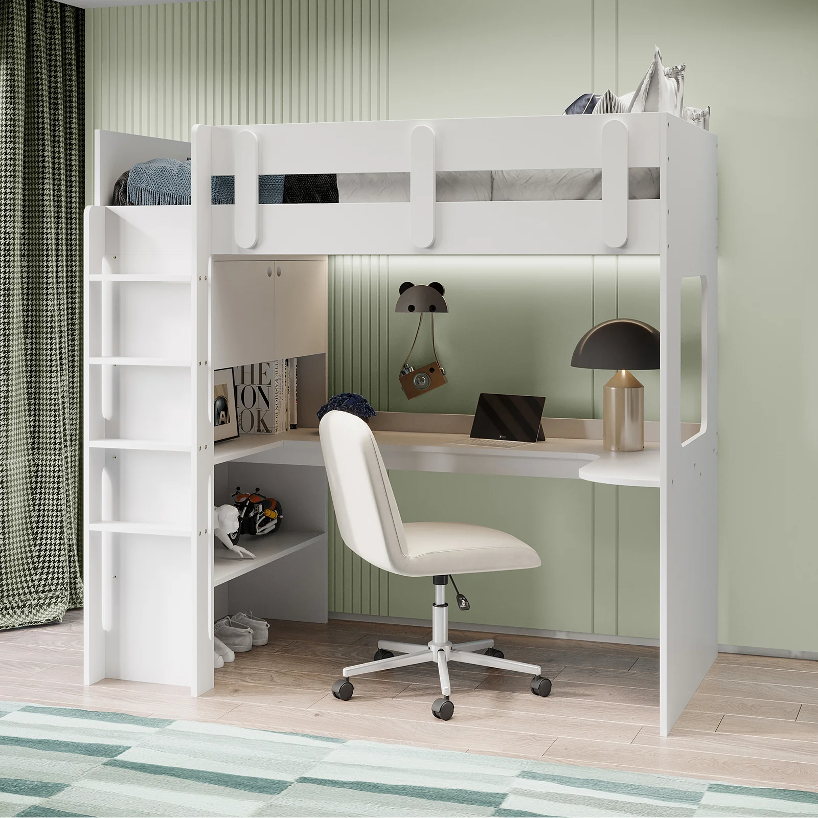 Hann Kids Single Loft Bed Desk Storage in White - Image 2