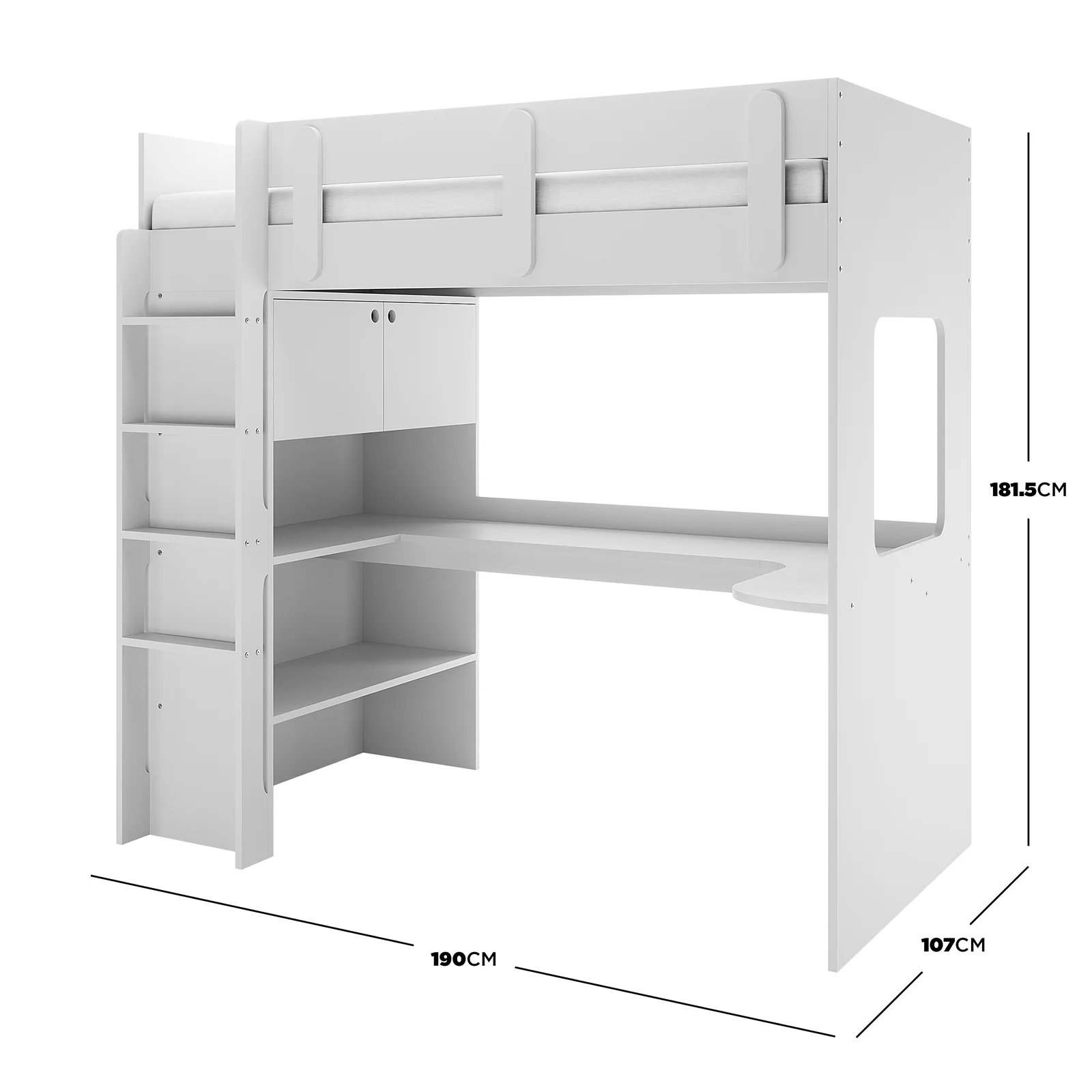 Hann Kids Single Loft Bed Desk Storage in White - Image 5