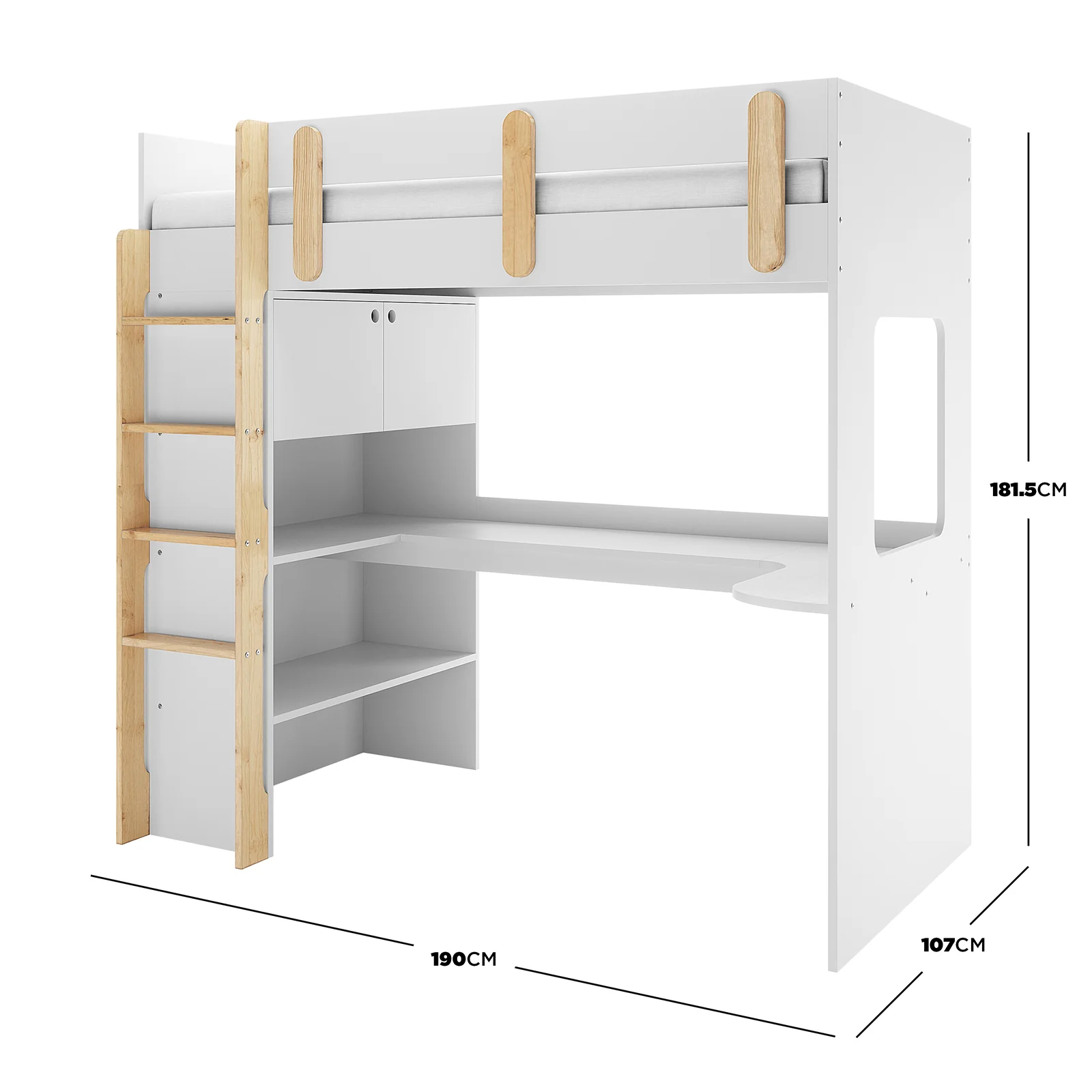 Hann Kids Single Loft Bed Desk Storage in White and Natural - Image 5
