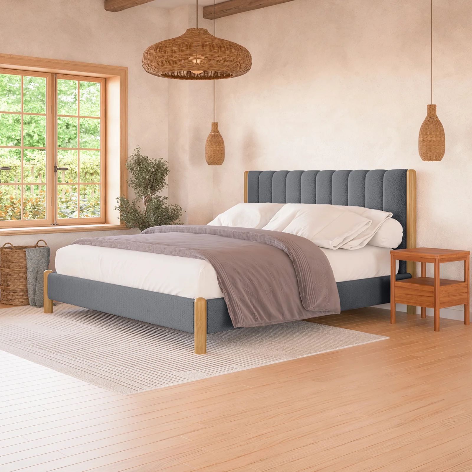 Harper King Boucle & Hardwood Bed Frame in Grey - Image 2