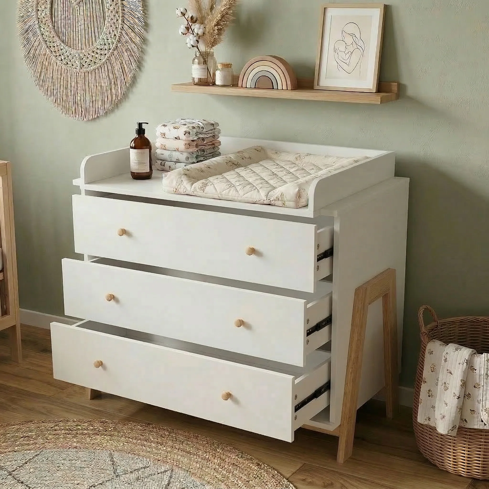 Hushly Baby Change Table with Drawers in White & Natural - Image 4