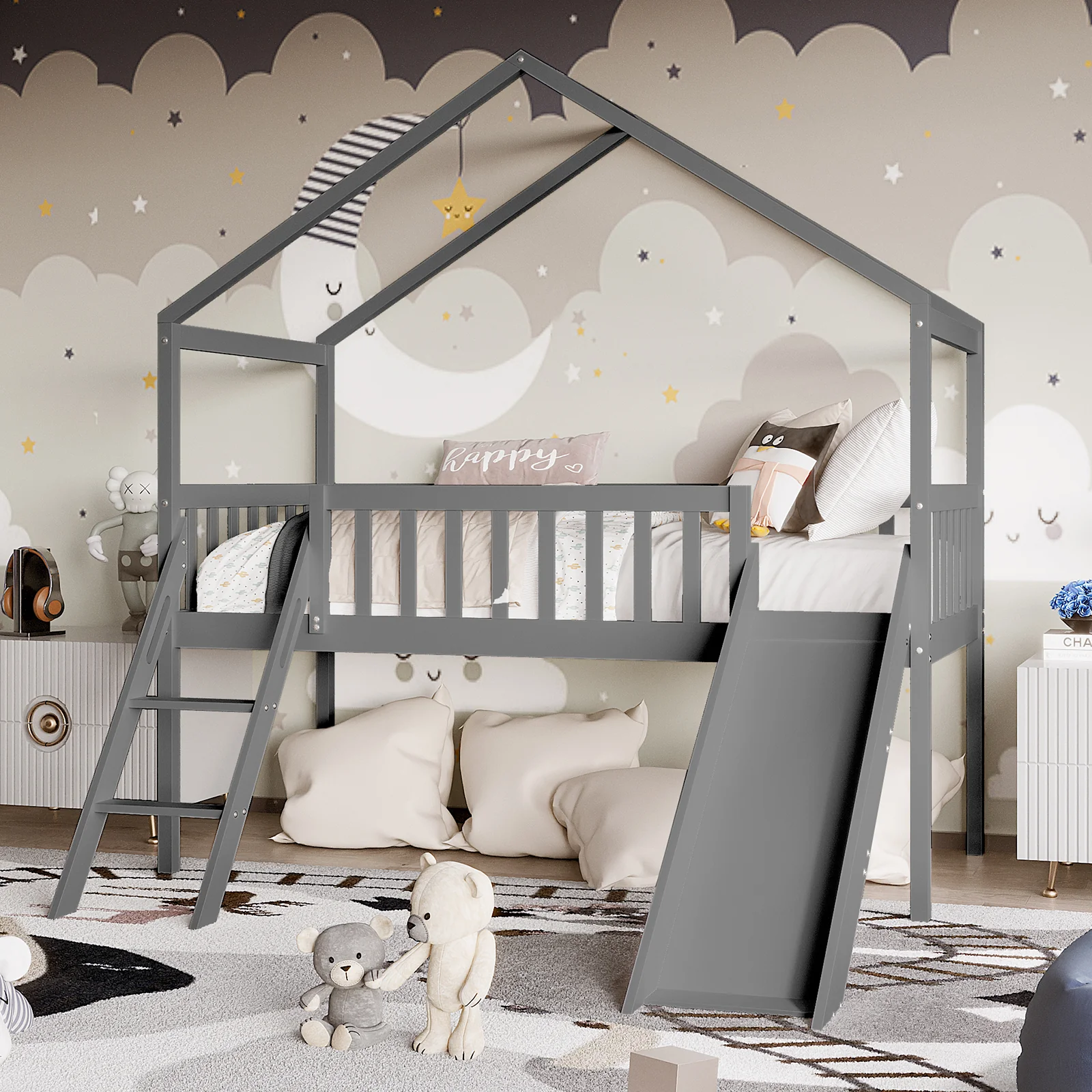 Inala Kids House Solid Pine Bed with Slide in Grey - Image 2