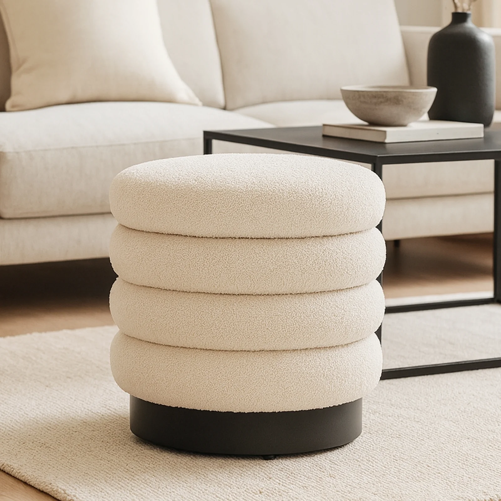 Irina Boucle Round Ottoman Footrest Stool in Cream White - Image 2