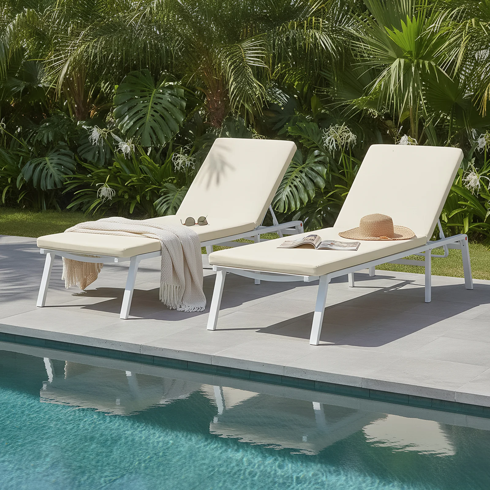 Jabari Outdoor Sun Loungers with Cushions Set of 2 in Cream White - Image 2
