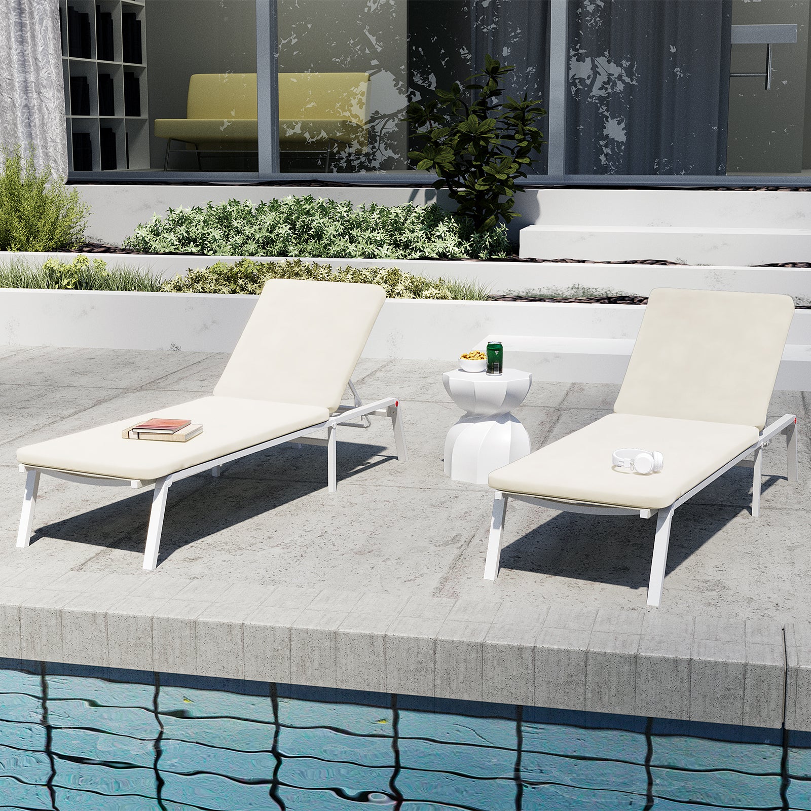 Jabari Outdoor Sun Loungers with Cushions Set of 2 in Cream White - Image 4