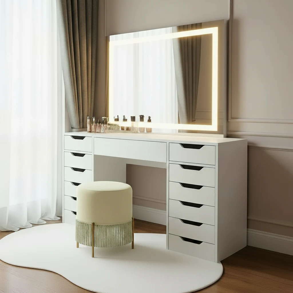 Janika Dressing Table with Drawers & LED Lights in White - Image 3