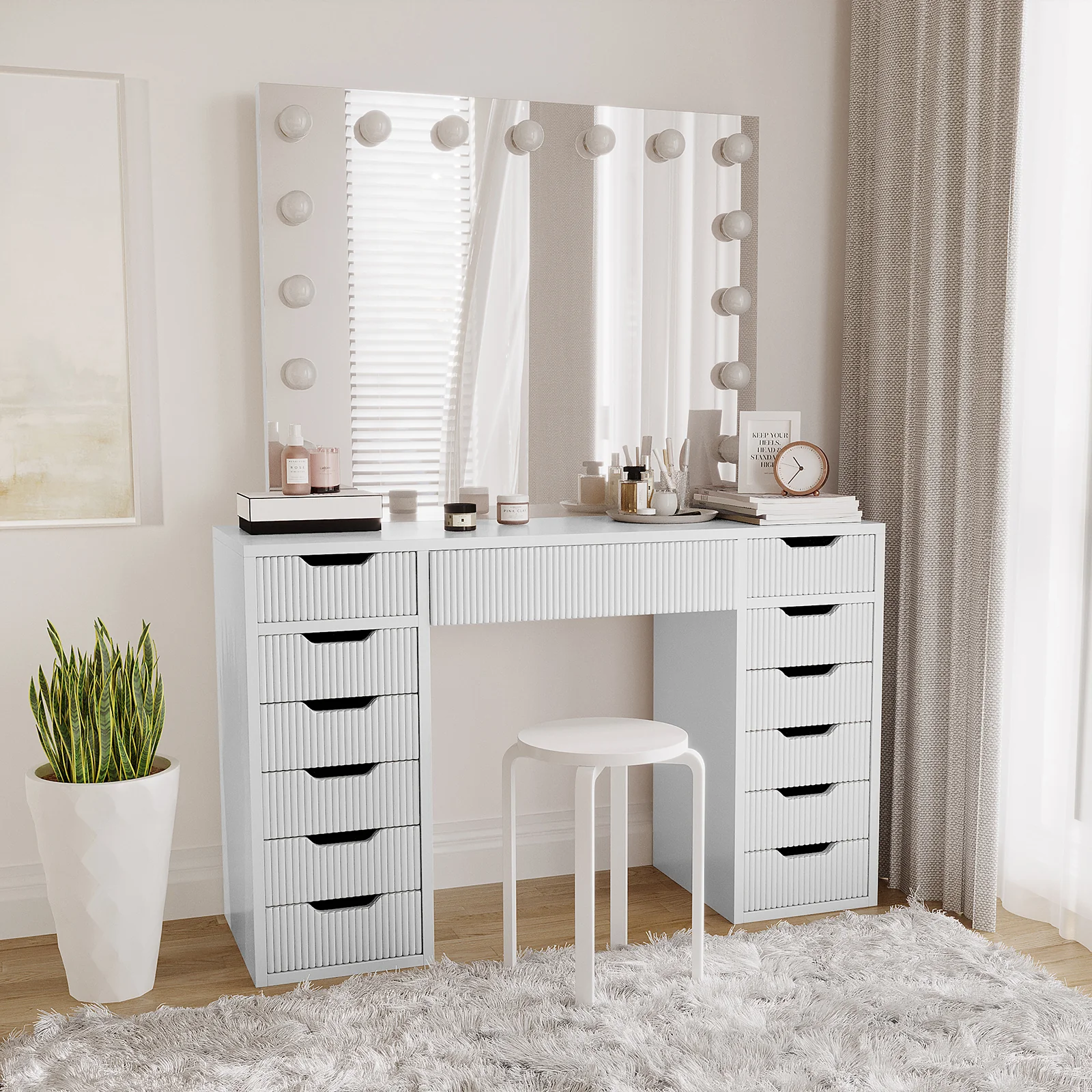 Jenna Fluted Makeup Vanity Table with Hollywood LED Mirror in White - Image 3