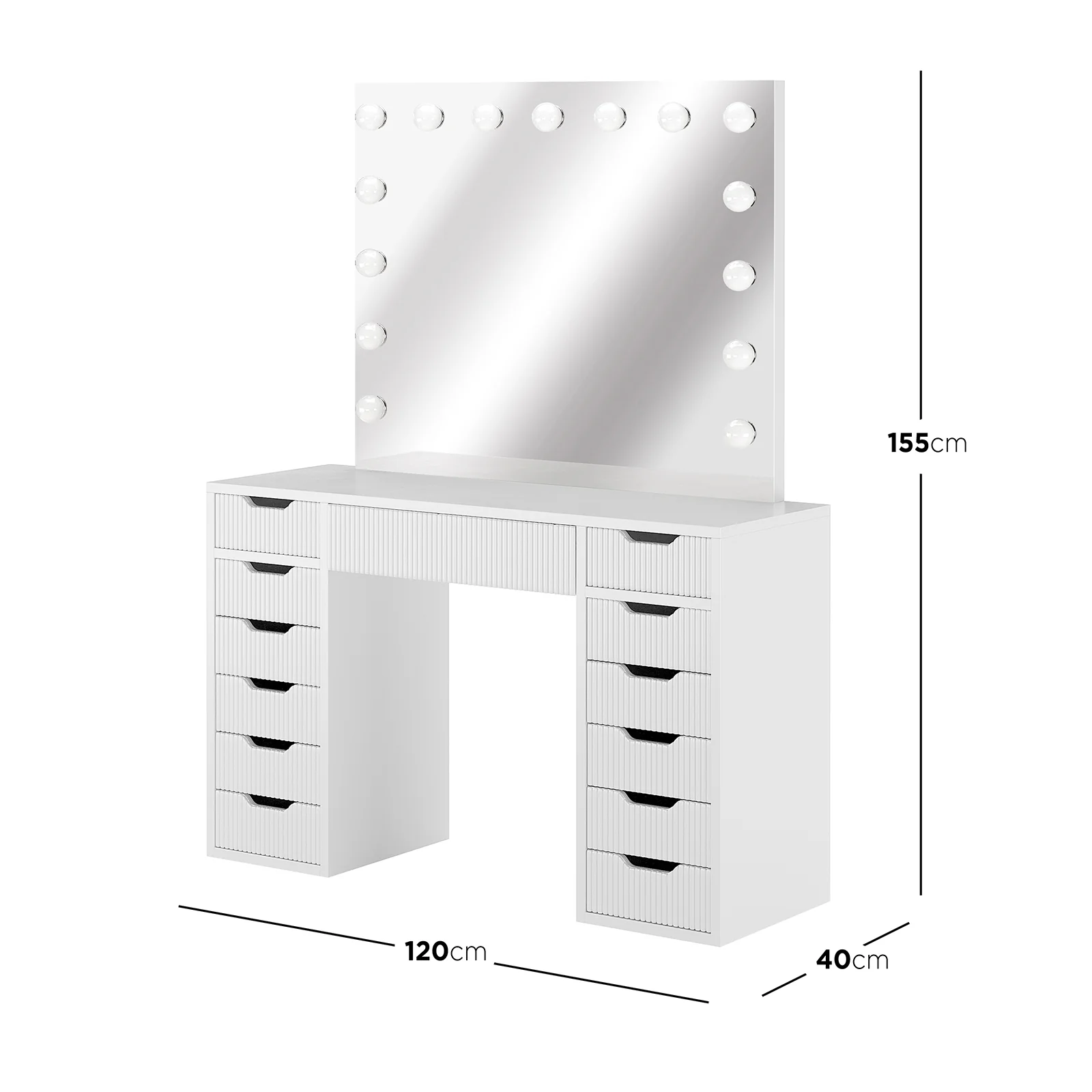 Jenna Fluted Makeup Vanity Table with Hollywood LED Mirror in White - Image 4