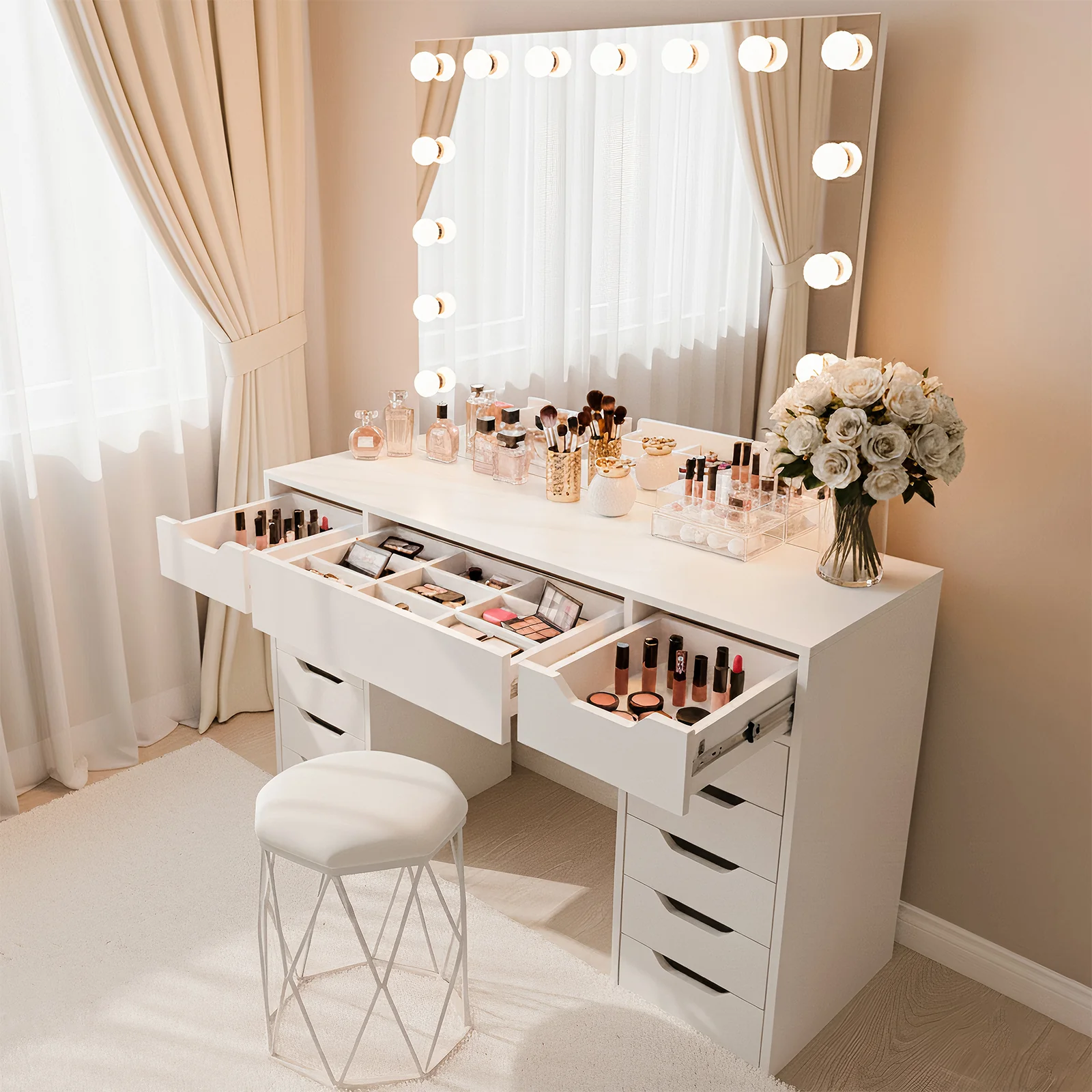 Jenna Hollywood LED Mirror Dressing Table with Divider in White - Image 3