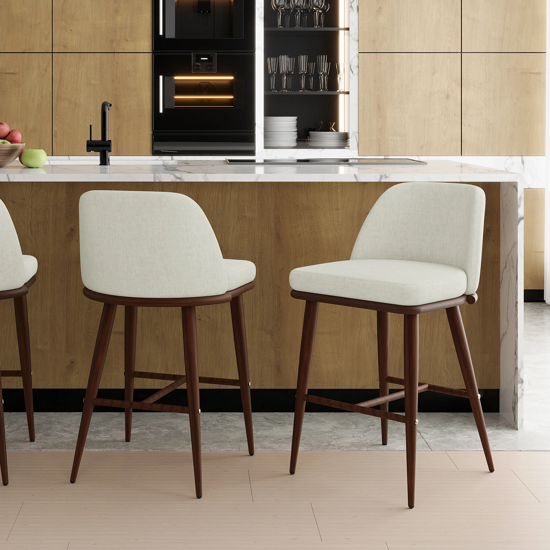 Jeremi High Back Linen Bar Stool Set of 2 in Wheat Walnut - Image 2