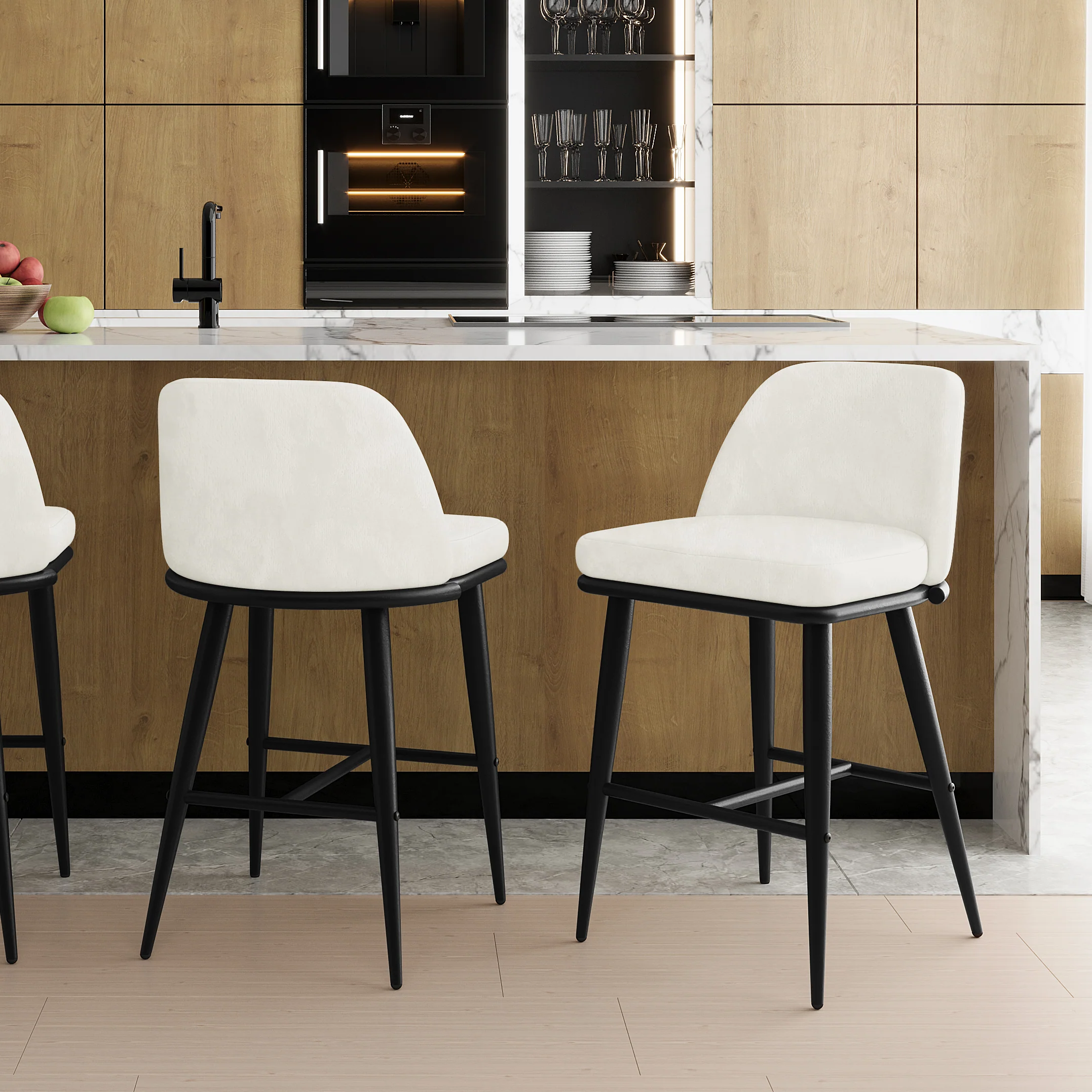 Jeremi High Back Velvet Bar Stool Set of 2 in Cream - Image 2