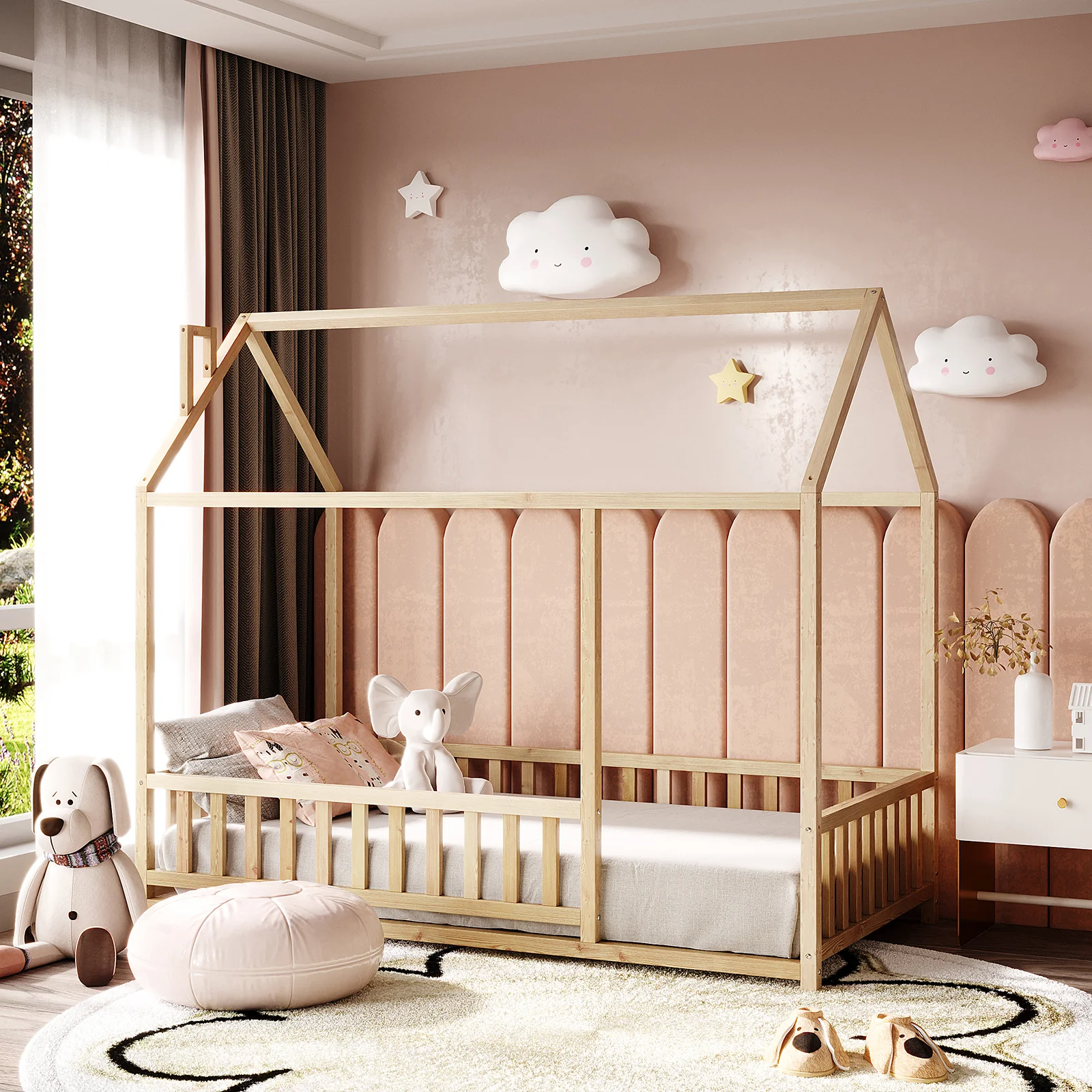 Jesse Kids Single Solid Pine Wood House Bed Frame in Natural - Image 2