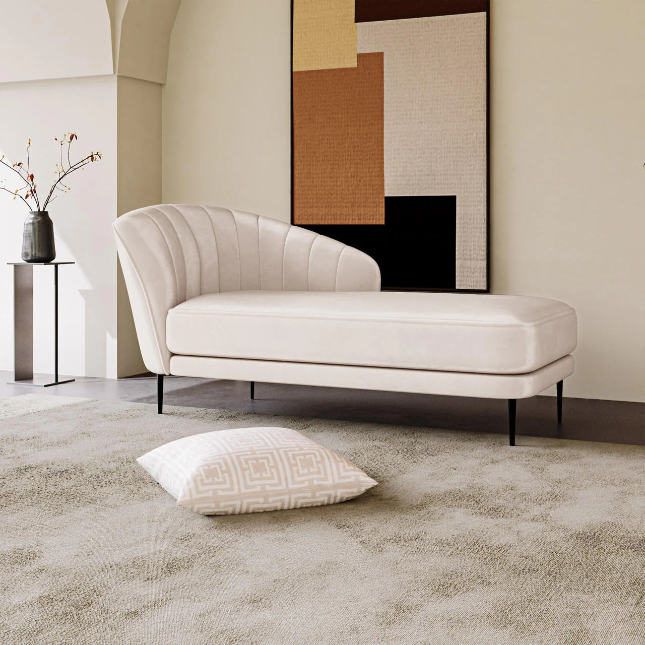 Kaj Velvet Daybed with Right Armrest in Cream - Image 2