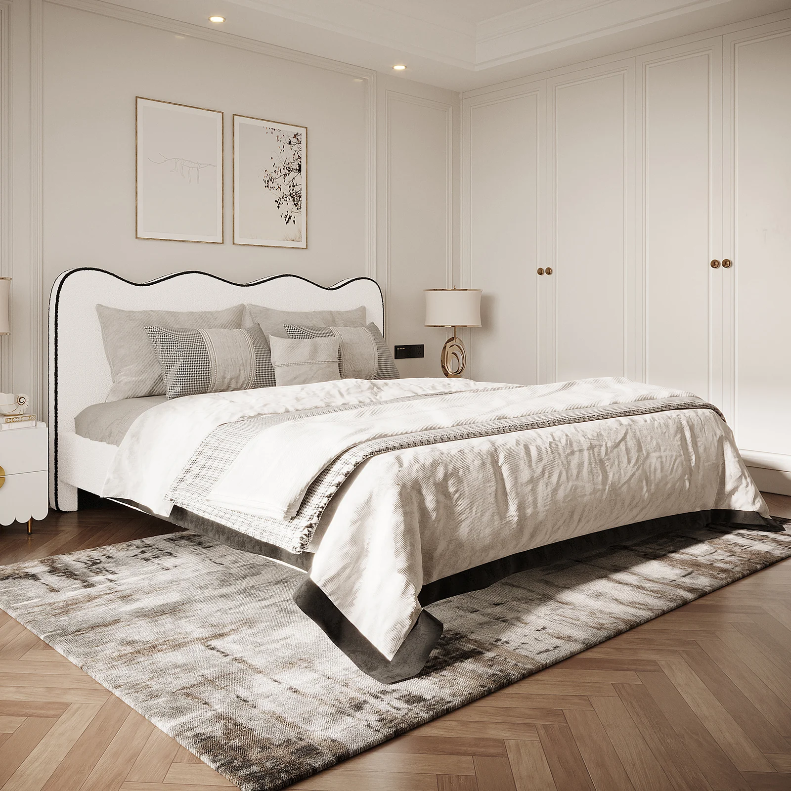 Kaylie Queen Boucle Fabric Bed Frame in White & Black - Image 2