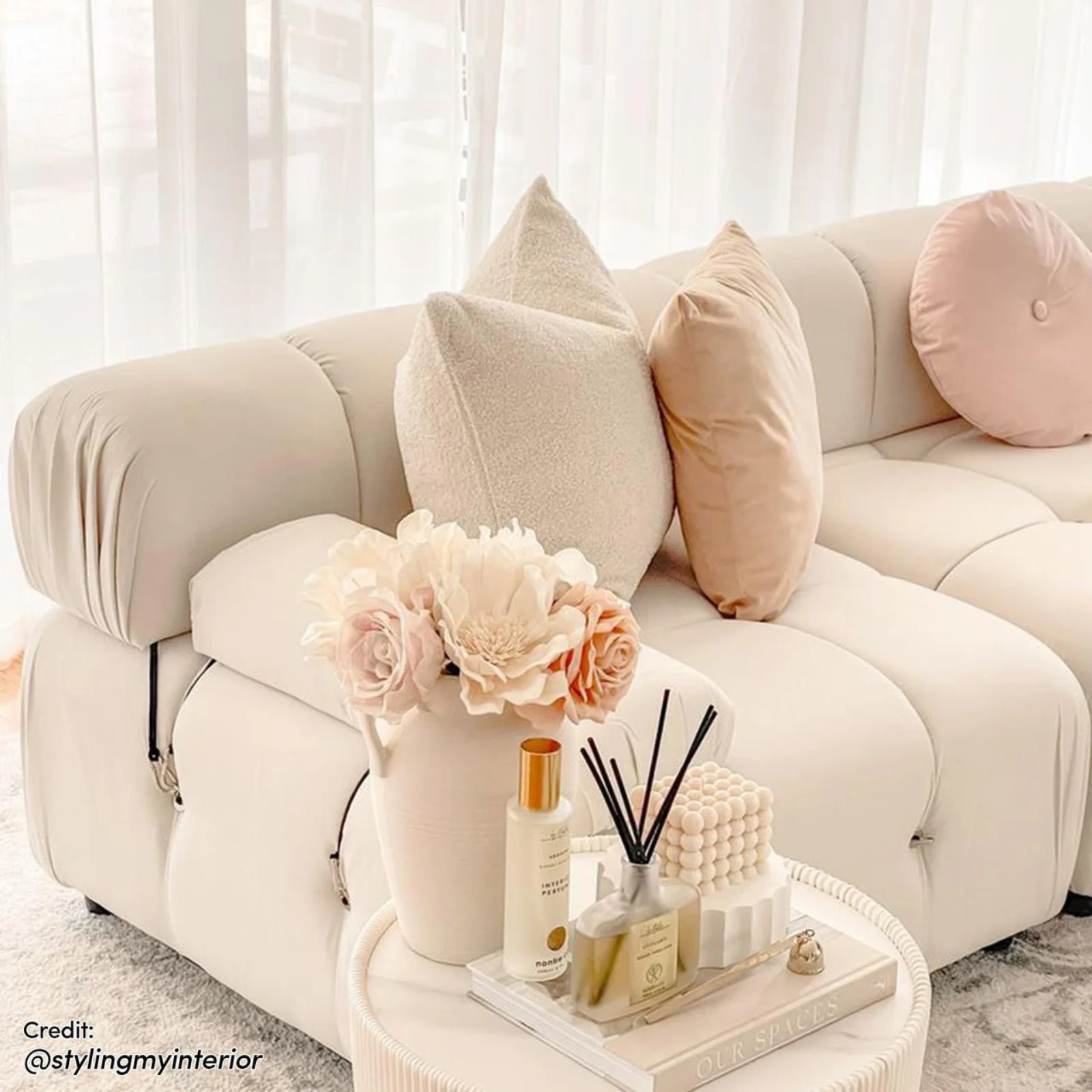 Keila 3 Seater Modular Tufted Sofa with Ottoman in Cream - Image 6