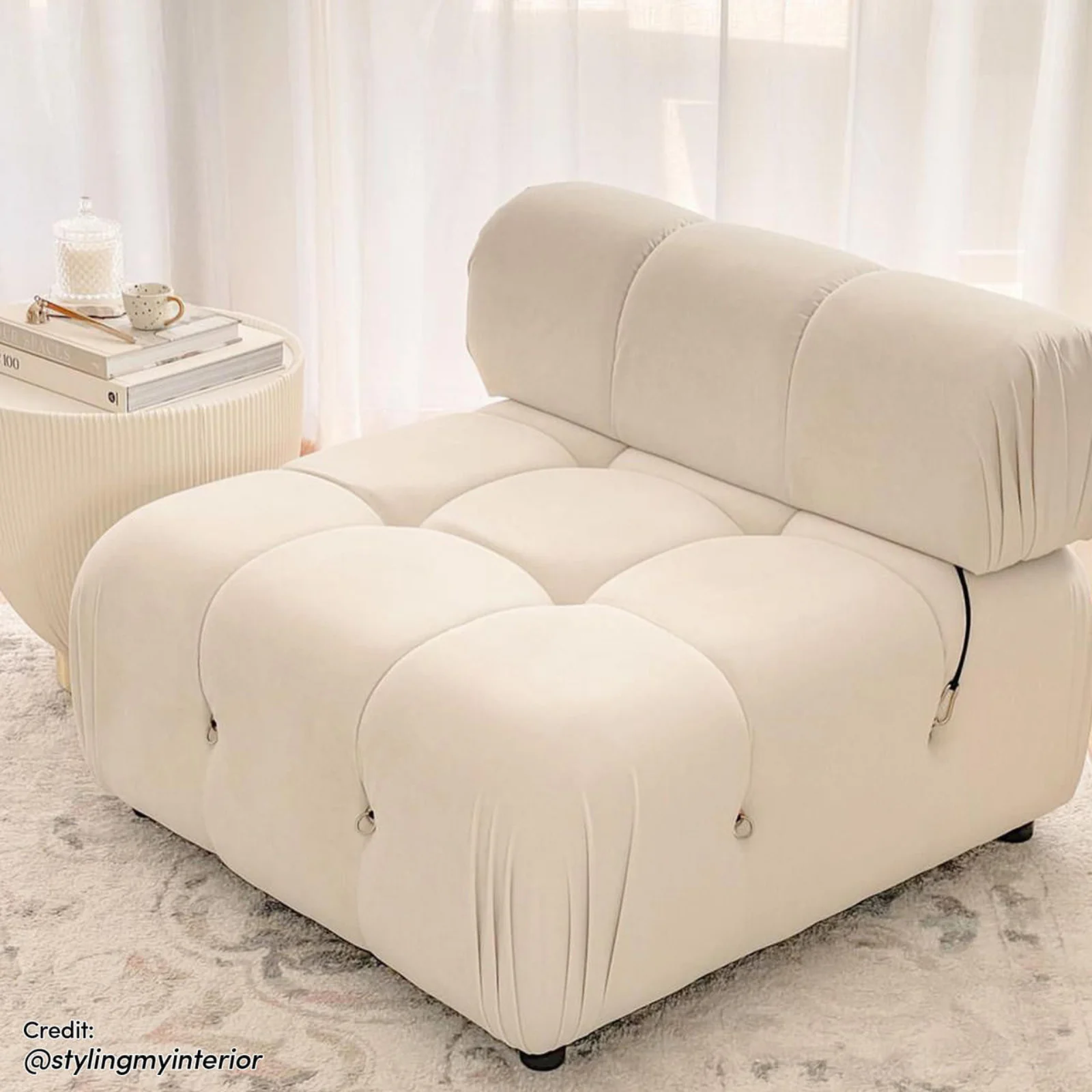Keila Modular Tufted Single Sofa in Cream Velvet - Image 6