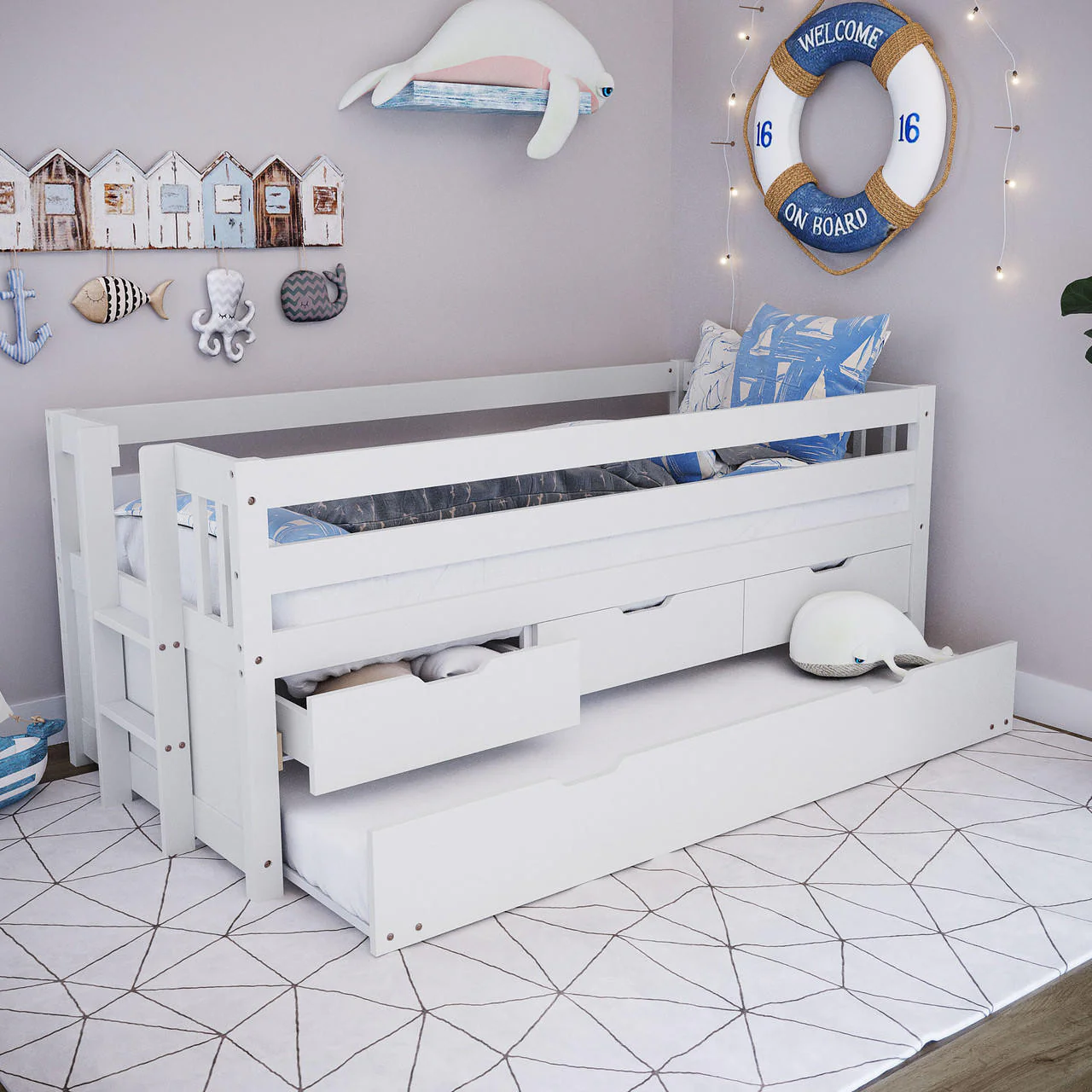 Kiki Kids Trundle Bed with Storage Drawers in White - Image 2