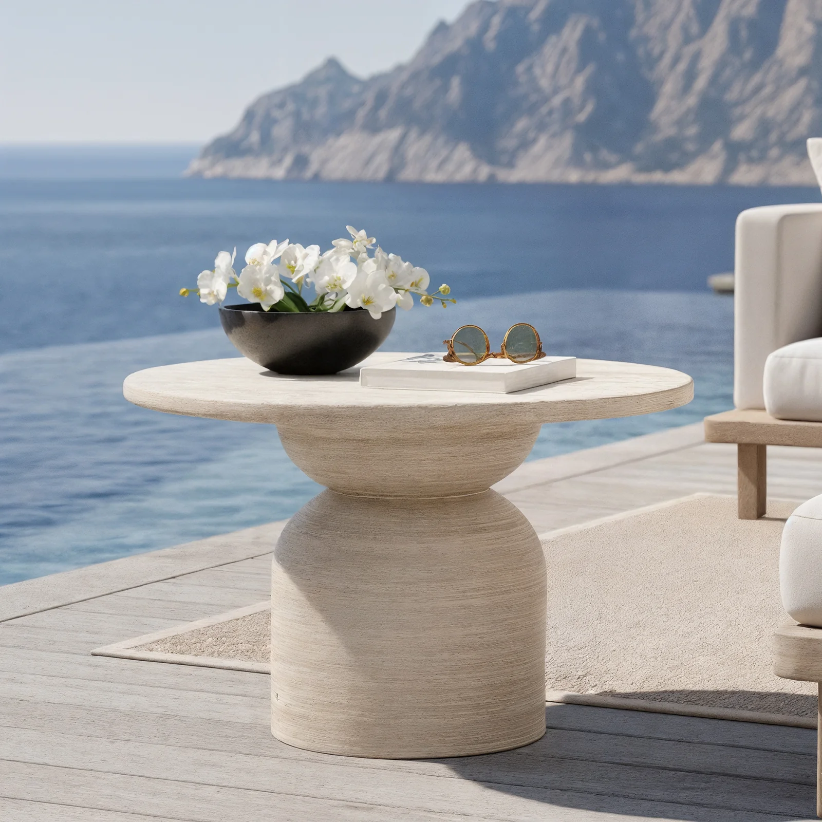 Krates 120cm Round Textured Outdoor Concrete Table in Beige - Image 2
