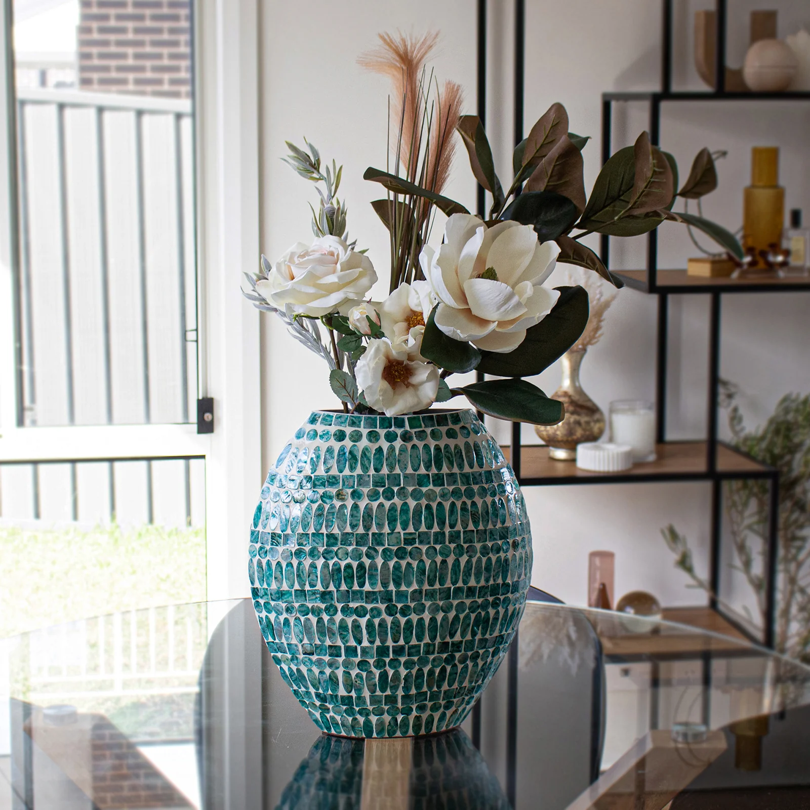 Laila 36cm Mother of Pearl Inlay Vase in Jade Green - Image 2