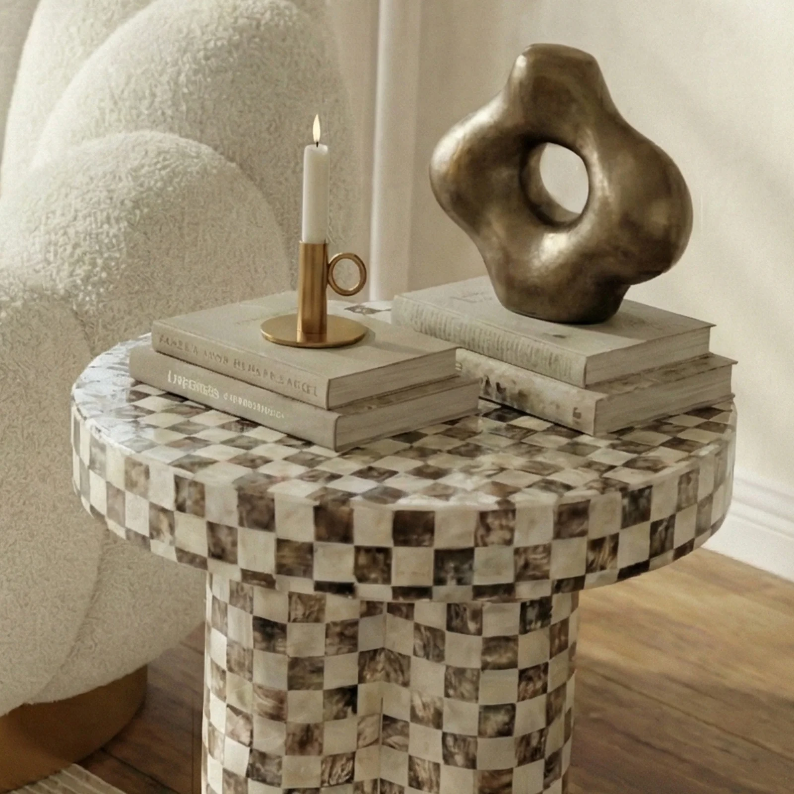Leif 36cm Checkered Mother of Pearl Side Table in Mocha Cream - Image 6